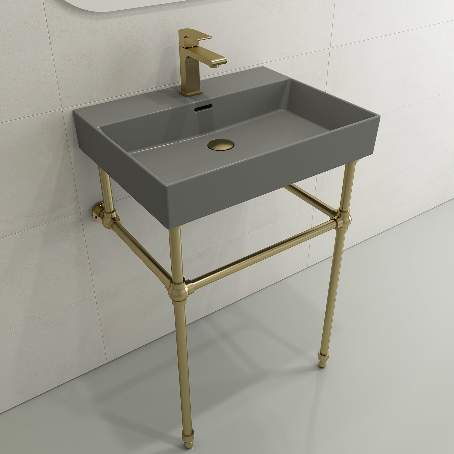 Alternate Image for BOCCHI Milano 24" Rectangle Wallmount Fireclay Bathroom Sink, Matte Gray, Single Faucet Hole, 1376-006-0126