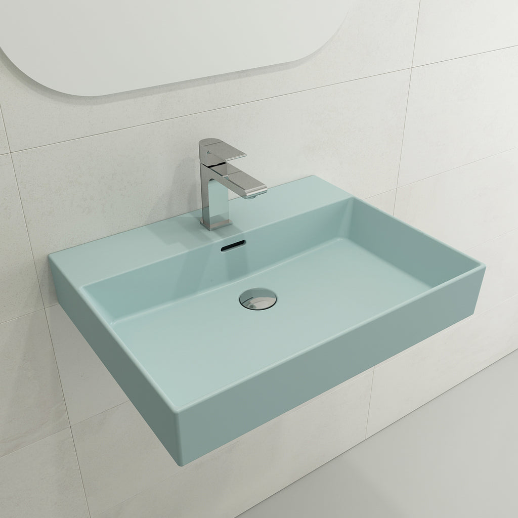 BOCCHI Milano 24" Rectangle Wallmount Fireclay Bathroom Sink, Matte Ice Blue, Single Faucet Hole, 1376-029-0126