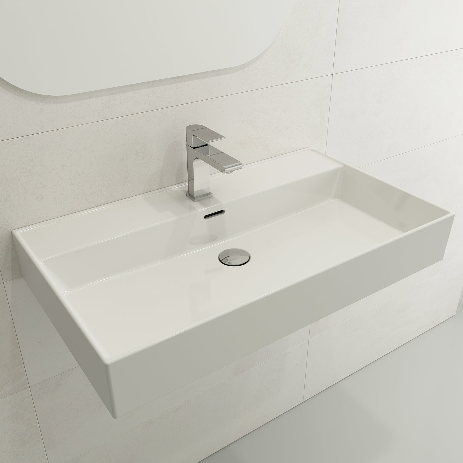 BOCCHI Milano 32" Rectangle Wallmount Fireclay Bathroom Sink, White, Single Faucet Hole, 1377-001-0126