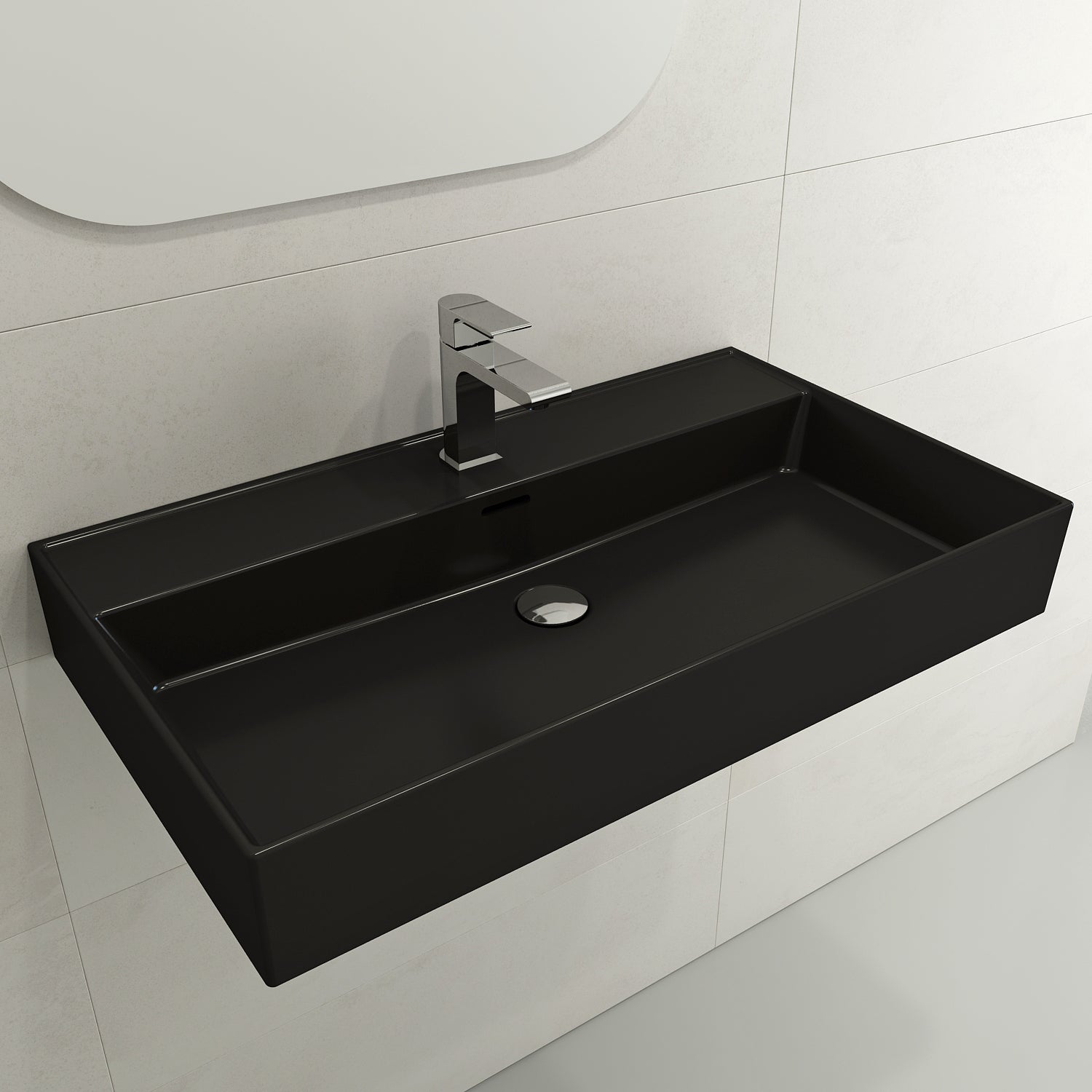 Alternate Image for BOCCHI Milano 32" Rectangle Wallmount Fireclay Bathroom Sink, Matte Black, Single Faucet Hole, 1377-004-0126