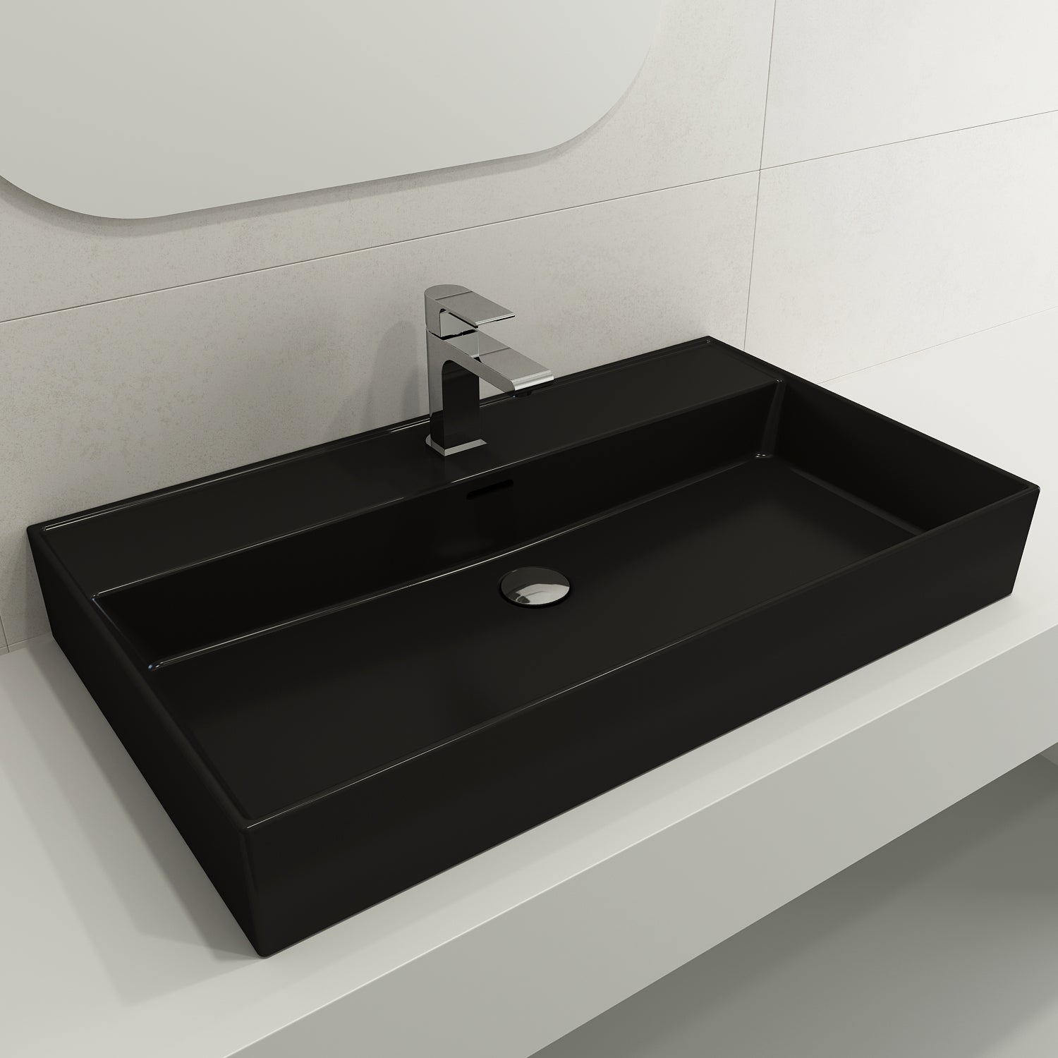 Alternate Image for BOCCHI Milano 32" Rectangle Wallmount Fireclay Bathroom Sink, Matte Black, Single Faucet Hole, 1377-004-0126