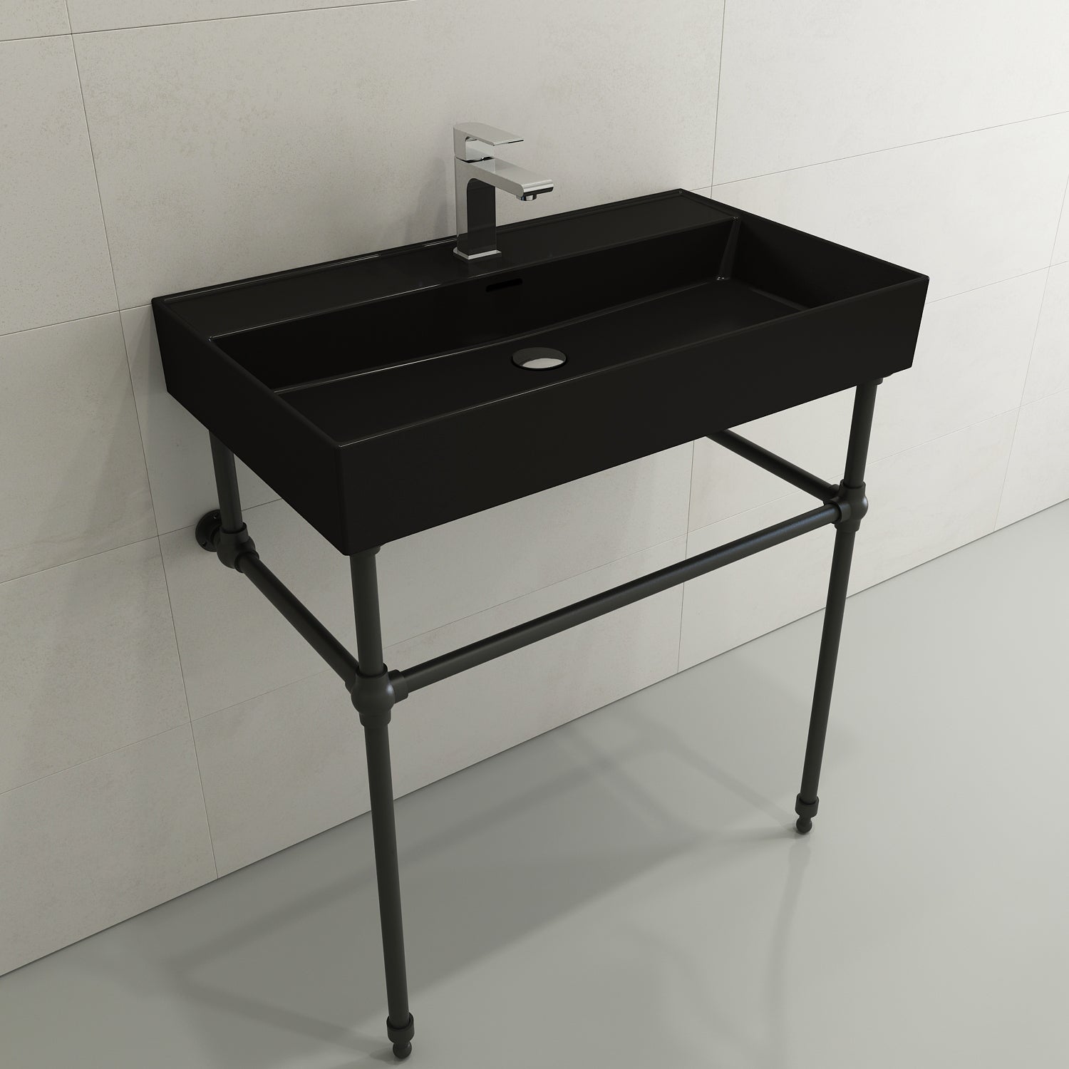 Alternate Image for BOCCHI Milano 32" Rectangle Wallmount Fireclay Bathroom Sink, Matte Black, Single Faucet Hole, 1377-004-0126