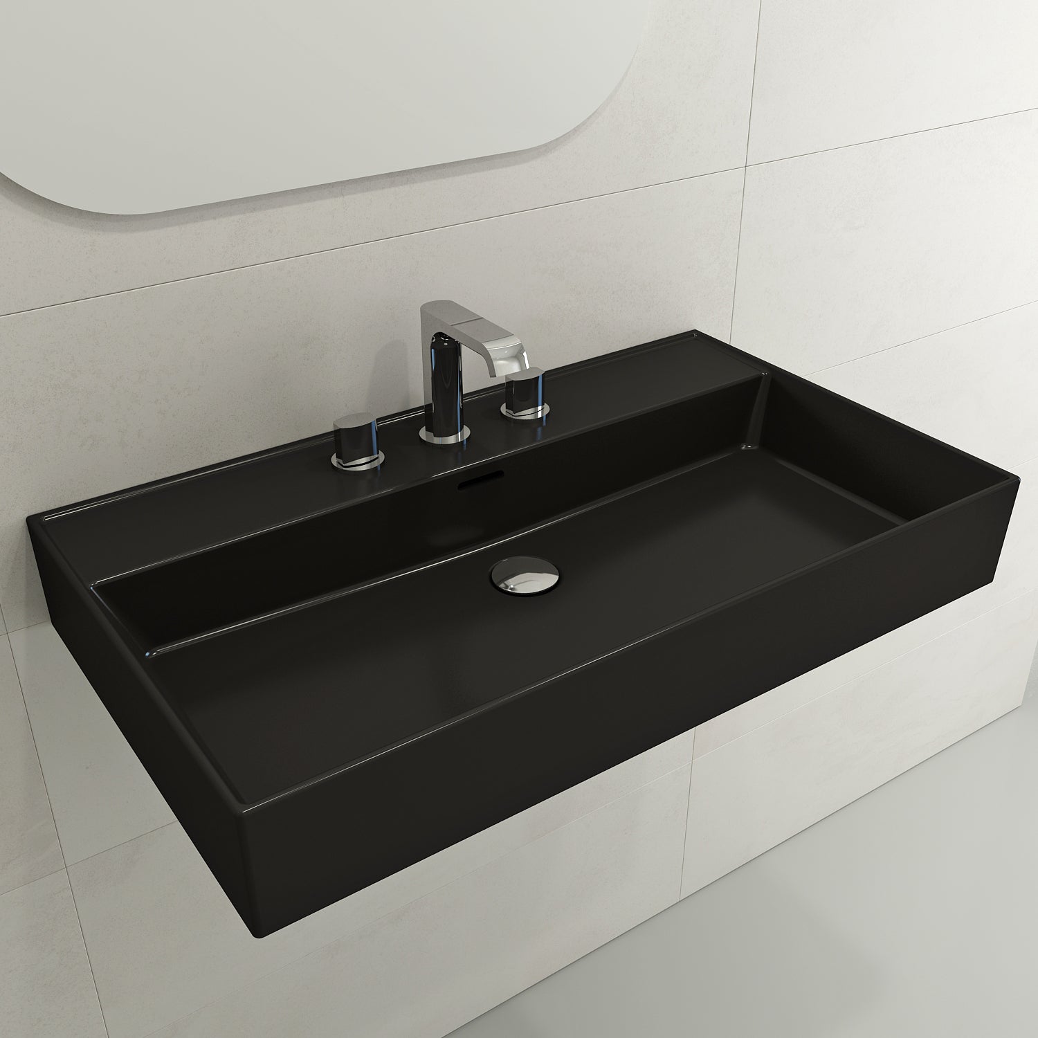 BOCCHI Milano 32" Rectangle Wallmount Fireclay Bathroom Sink, Matte Black, 3 Faucet Hole, 1377-004-0127