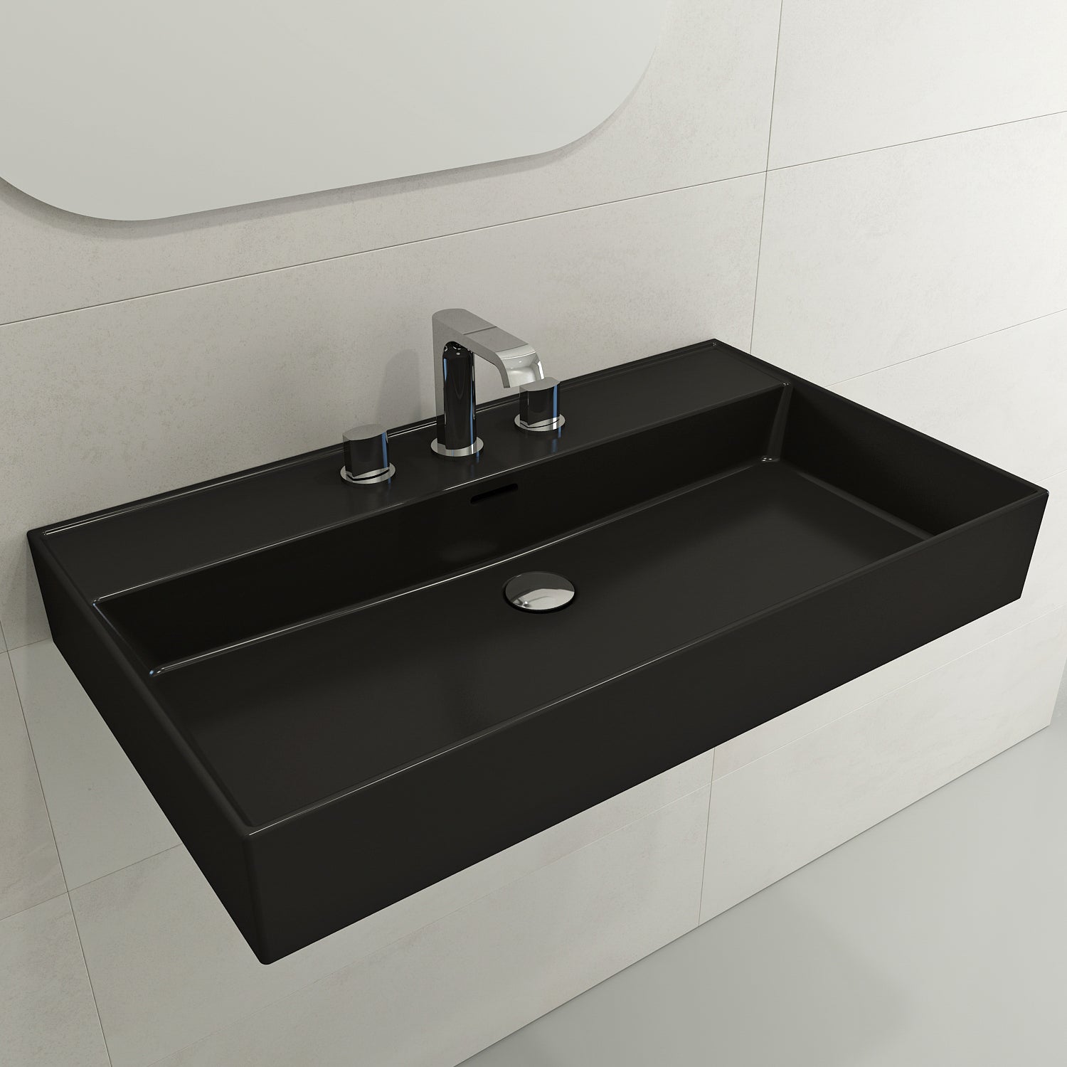 BOCCHI Milano 32" Rectangle Wallmount Fireclay Bathroom Sink, Matte Black, 3 Faucet Hole, 1377-004-0127