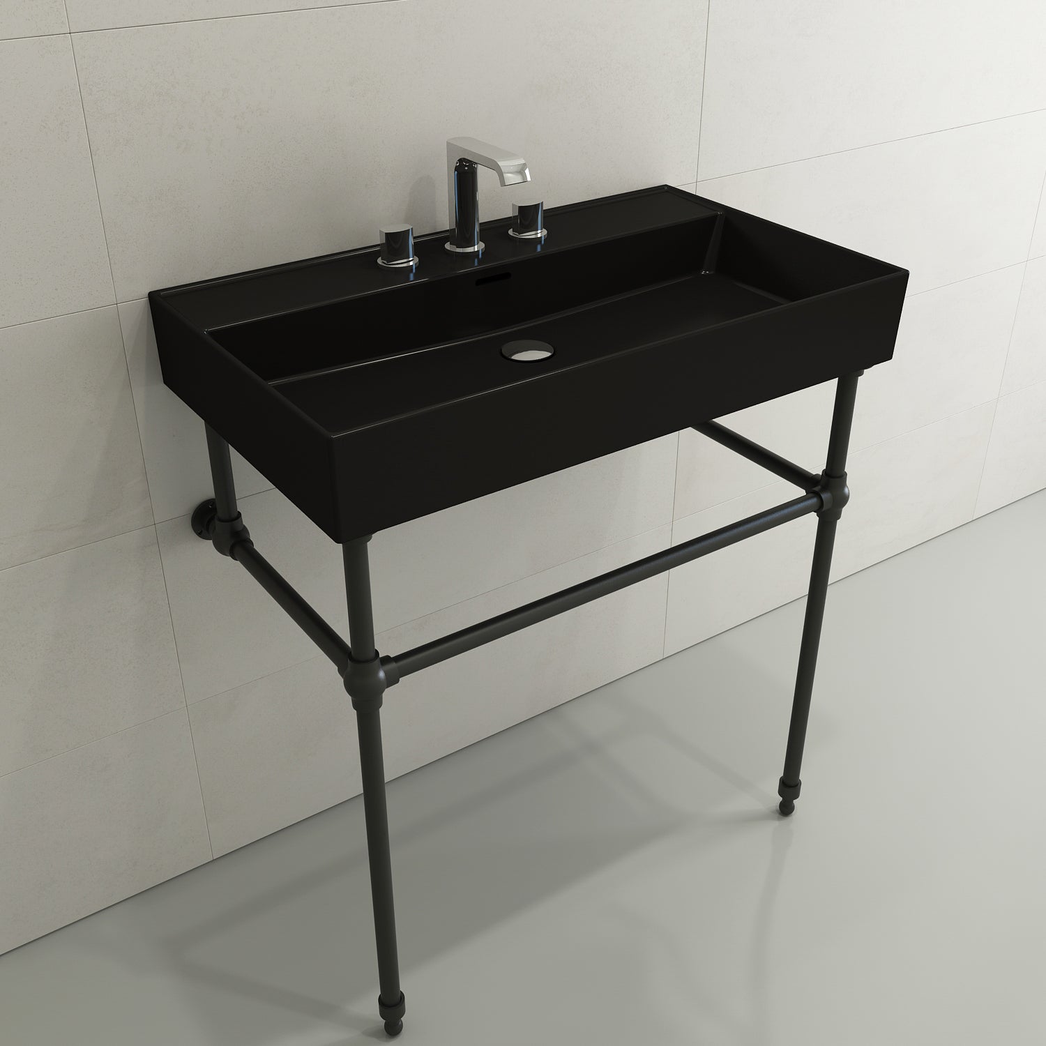 Alternate Image for BOCCHI Milano 32" Rectangle Wallmount Fireclay Bathroom Sink, Matte Black, 3 Faucet Hole, 1377-004-0127