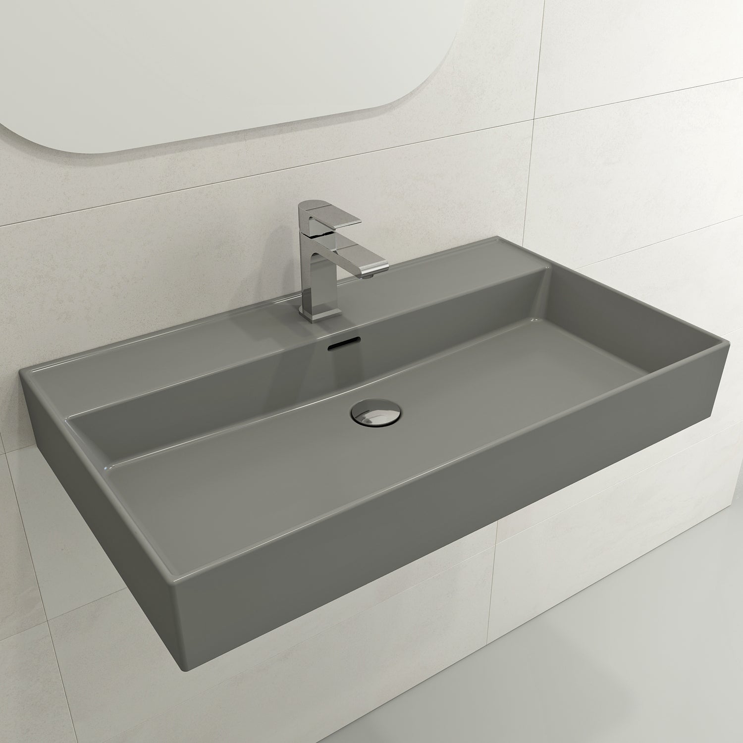 Alternate Image for BOCCHI Milano 32" Rectangle Wallmount Fireclay Bathroom Sink, Matte Gray, Single Faucet Hole, 1377-006-0126