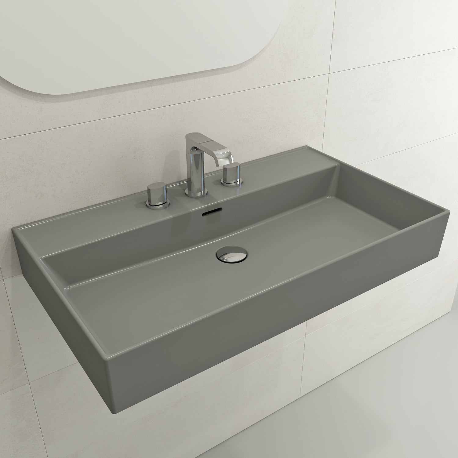 Alternate Image for BOCCHI Milano 32" Rectangle Wallmount Fireclay Bathroom Sink, Matte Gray, 3 Faucet Hole, 1377-006-0127