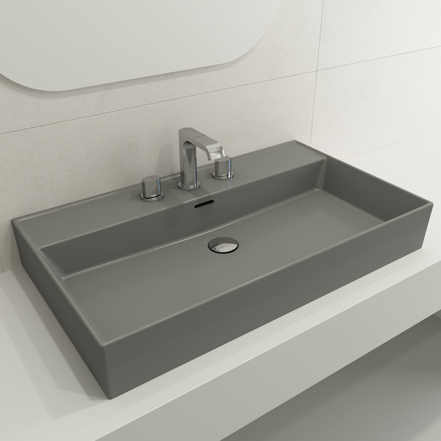 Alternate Image for BOCCHI Milano 32" Rectangle Wallmount Fireclay Bathroom Sink, Matte Gray, 3 Faucet Hole, 1377-006-0127