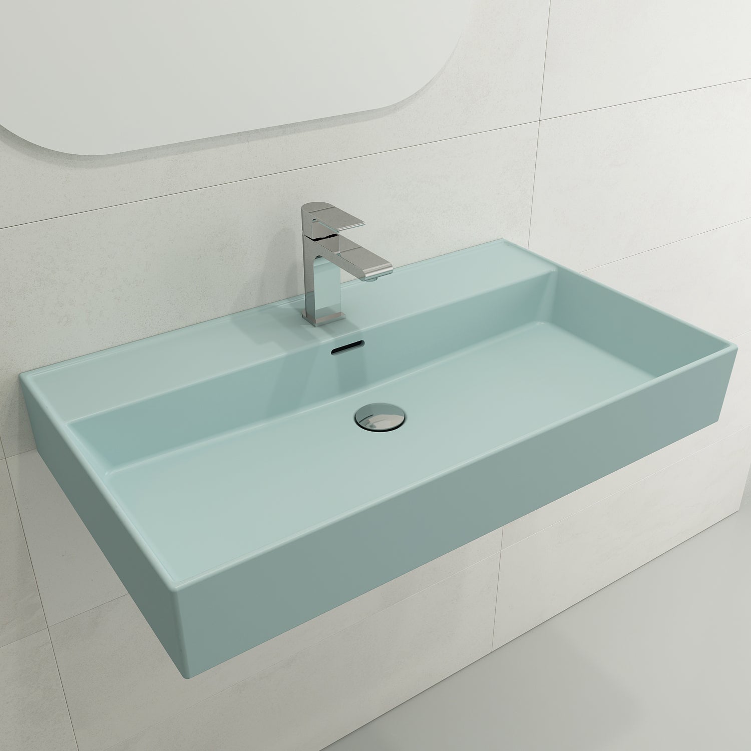 Alternate Image for BOCCHI Milano 32" Rectangle Wallmount Fireclay Bathroom Sink, Matte Ice Blue, Single Faucet Hole, 1377-029-0126