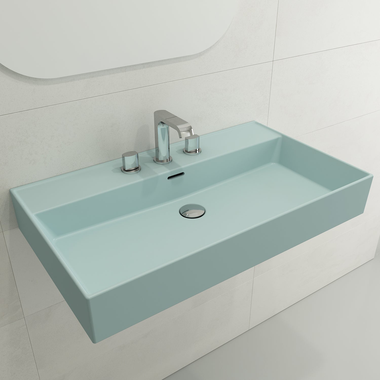 Alternate Image for BOCCHI Milano 32" Rectangle Wallmount Fireclay Bathroom Sink, Matte Ice Blue, 3 Faucet Hole, 1377-029-0127