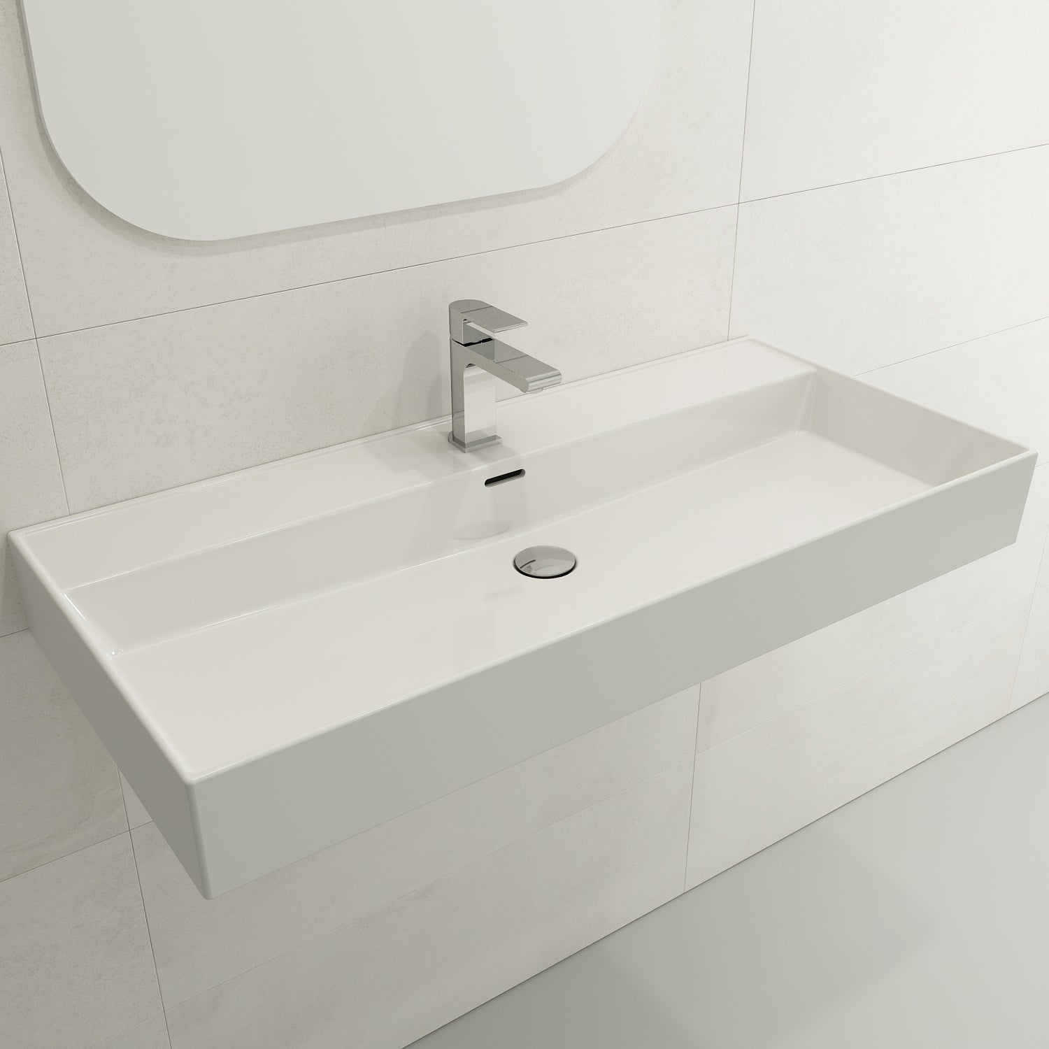 BOCCHI Milano 40" Rectangle Wallmount Fireclay Bathroom Sink, White, Single Faucet Hole, 1378-001-0126