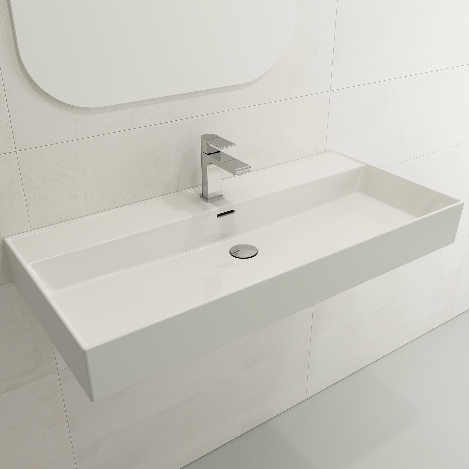 BOCCHI Milano 40" Rectangle Wallmount Fireclay Bathroom Sink, White, Single Faucet Hole, 1378-001-0126
