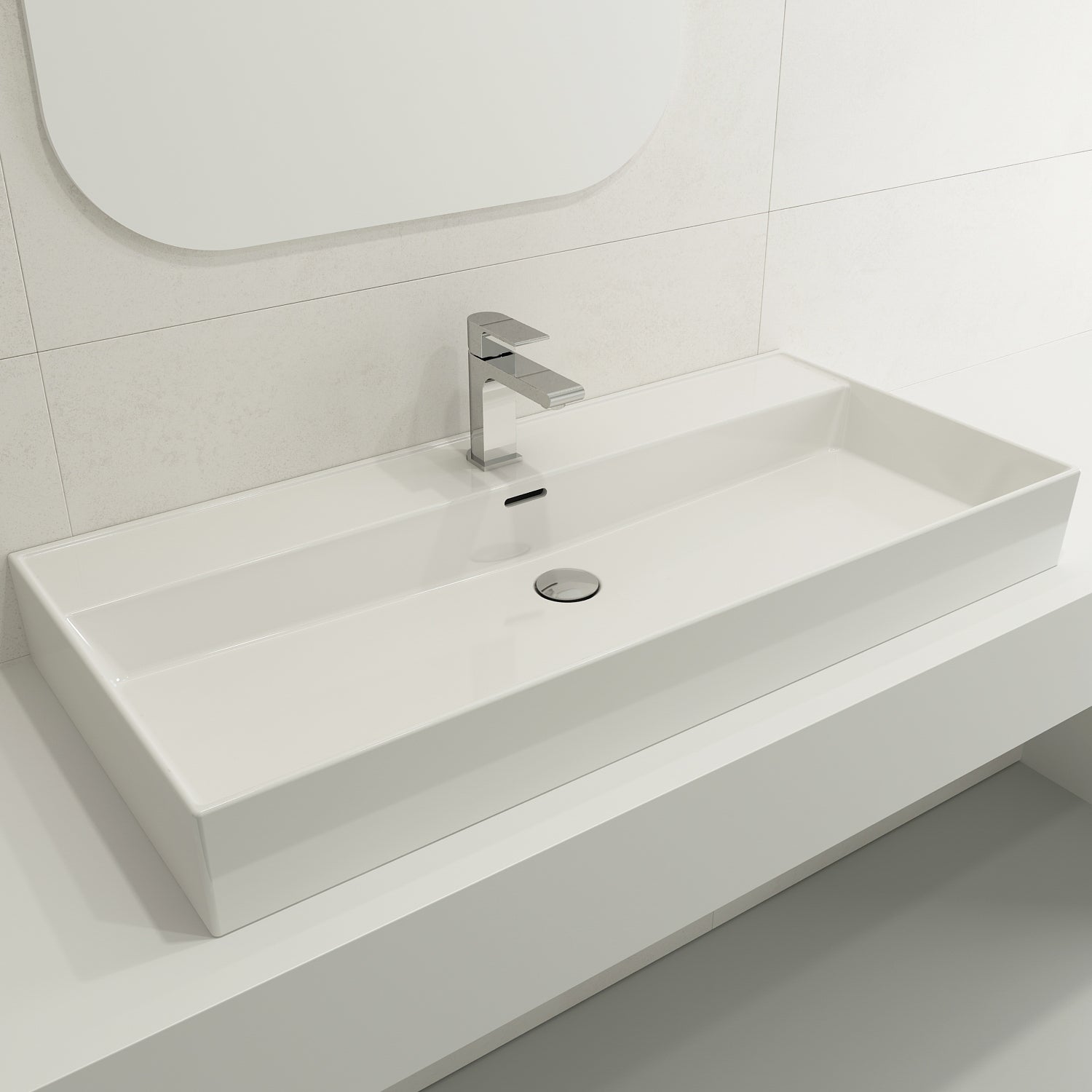 Alternate Image for BOCCHI Milano 40" Rectangle Wallmount Fireclay Bathroom Sink, White, Single Faucet Hole, 1378-001-0126