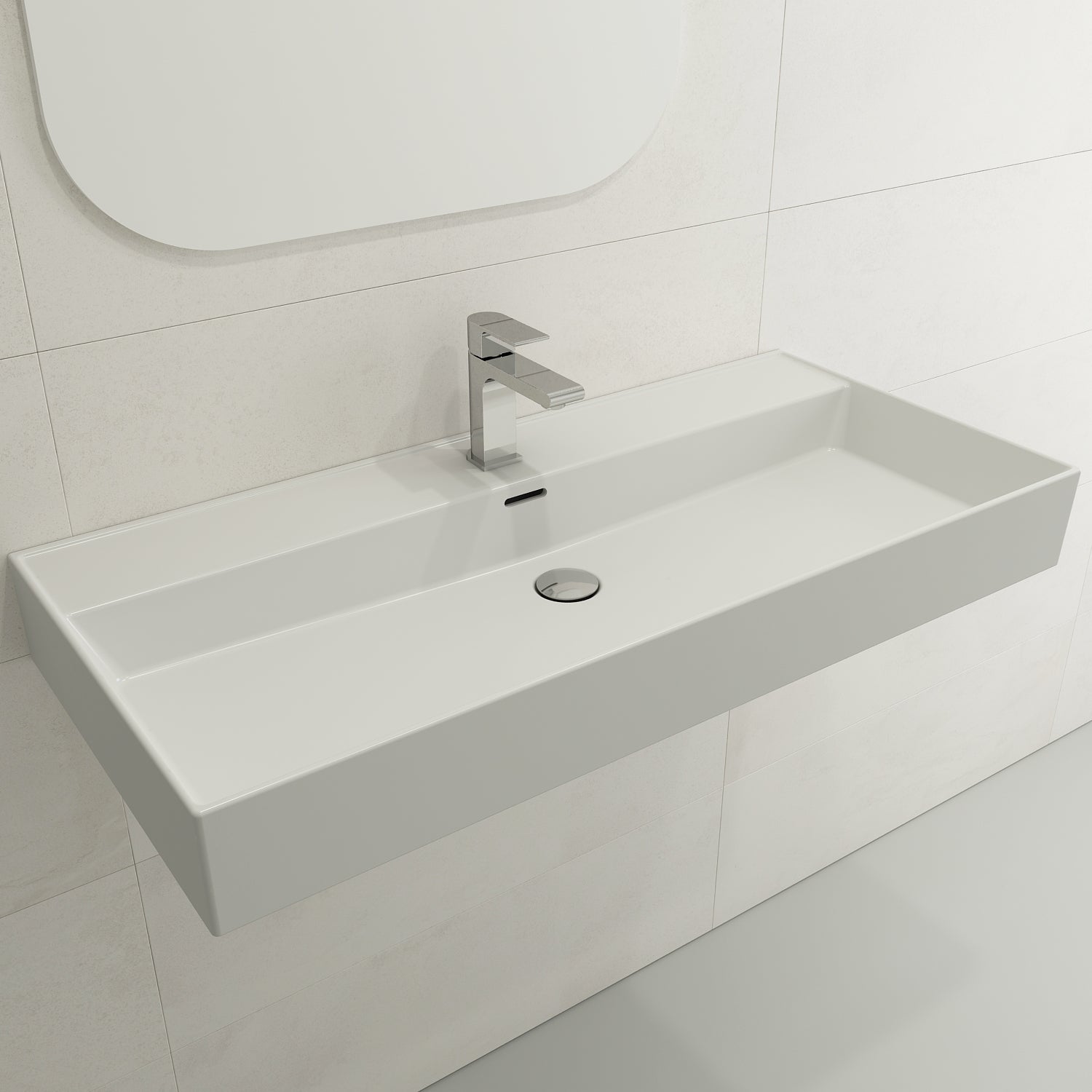 Alternate Image for BOCCHI Milano 40" Rectangle Wallmount Fireclay Bathroom Sink, Matte White, Single Faucet Hole, 1378-002-0126
