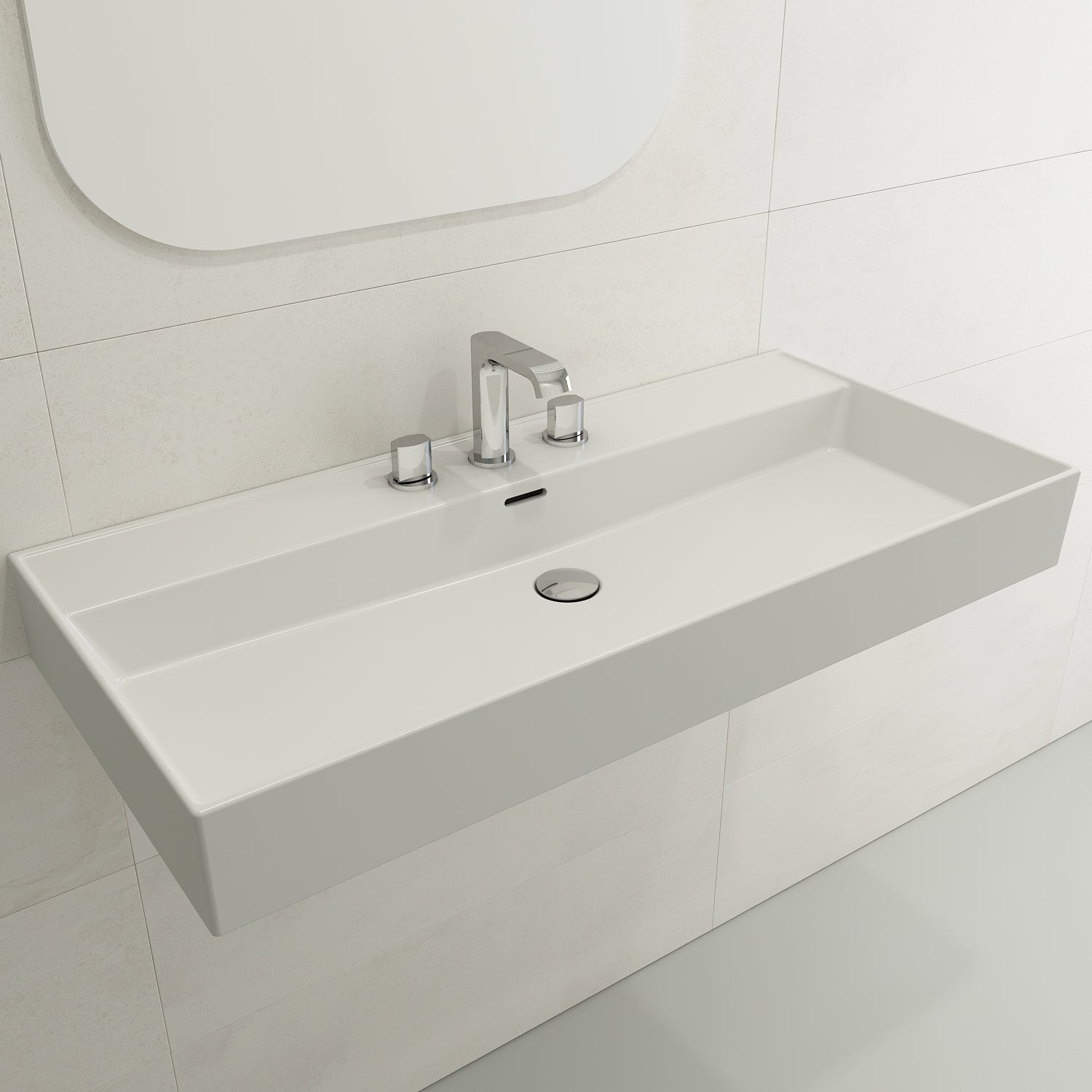 Alternate Image for BOCCHI Milano 40" Rectangle Wallmount Fireclay Bathroom Sink, Matte White, 3 Faucet Hole, 1378-002-0127