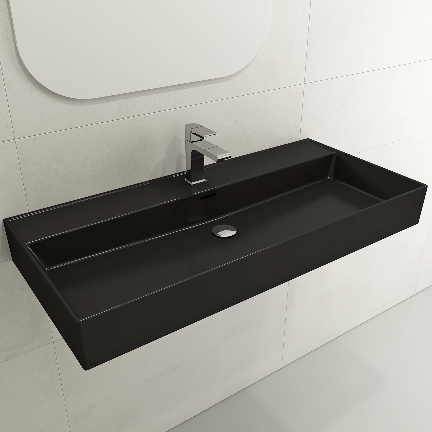Alternate Image for BOCCHI Milano 40" Rectangle Wallmount Fireclay Bathroom Sink, Matte Black, Single Faucet Hole, 1378-004-0126