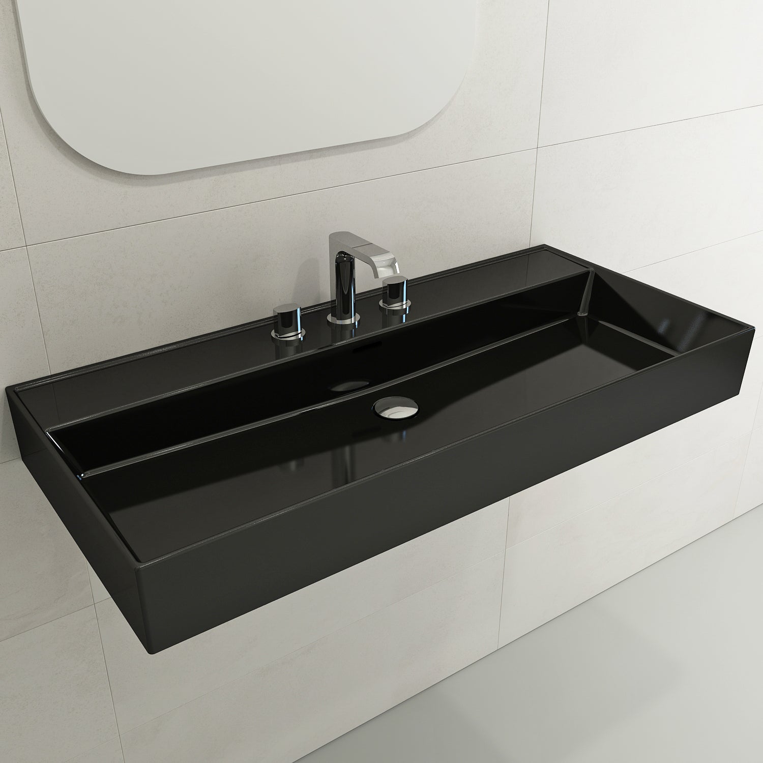 BOCCHI Milano 40" Rectangle Wallmount Fireclay Bathroom Sink, Black, 3 Faucet Hole, 1378-005-0127