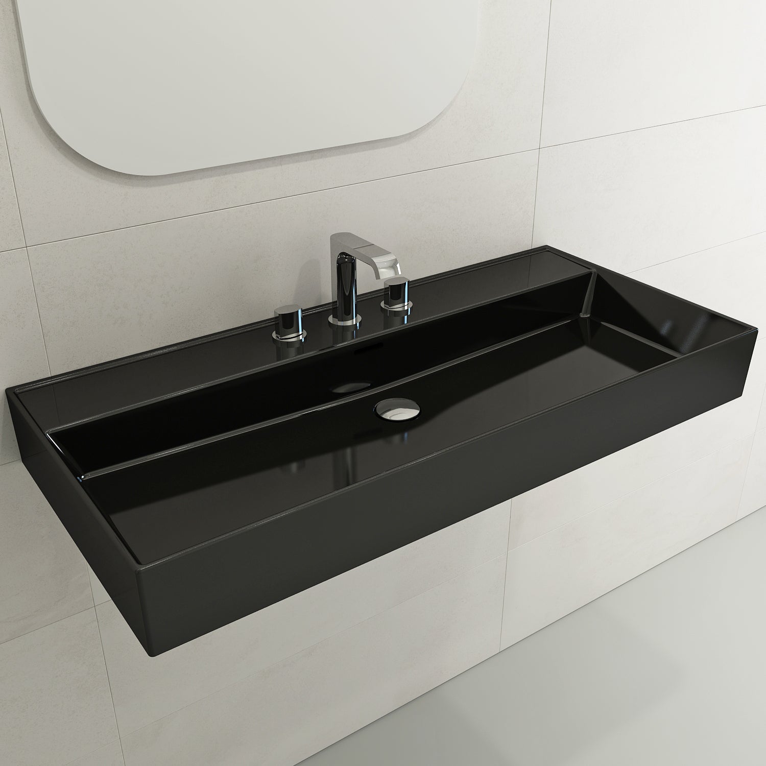 BOCCHI Milano 40" Rectangle Wallmount Fireclay Bathroom Sink, Black, 3 Faucet Hole, 1378-005-0127