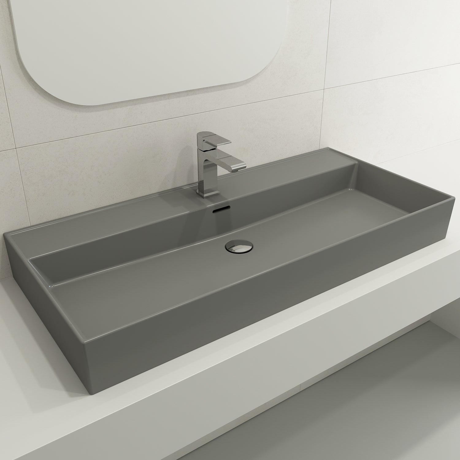 Alternate Image for BOCCHI Milano 40" Rectangle Wallmount Fireclay Bathroom Sink, Matte Gray, Single Faucet Hole, 1378-006-0126