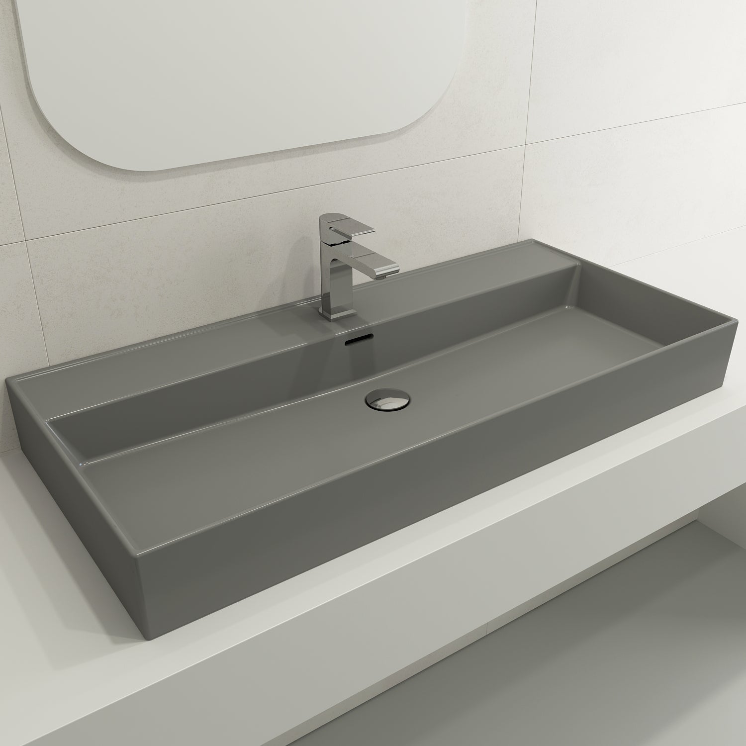 Alternate Image for BOCCHI Milano 40" Rectangle Wallmount Fireclay Bathroom Sink, Matte Gray, Single Faucet Hole, 1378-006-0126