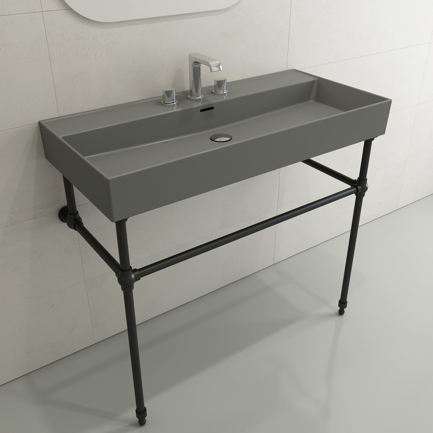 Alternate Image for BOCCHI Milano 40" Rectangle Wallmount Fireclay Bathroom Sink, Matte Gray, 3 Faucet Hole, 1378-006-0127