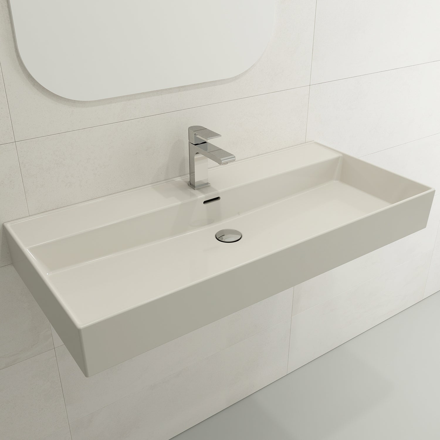 BOCCHI Milano 40" Rectangle Wallmount Fireclay Bathroom Sink, Biscuit, Single Faucet Hole, 1378-014-0126