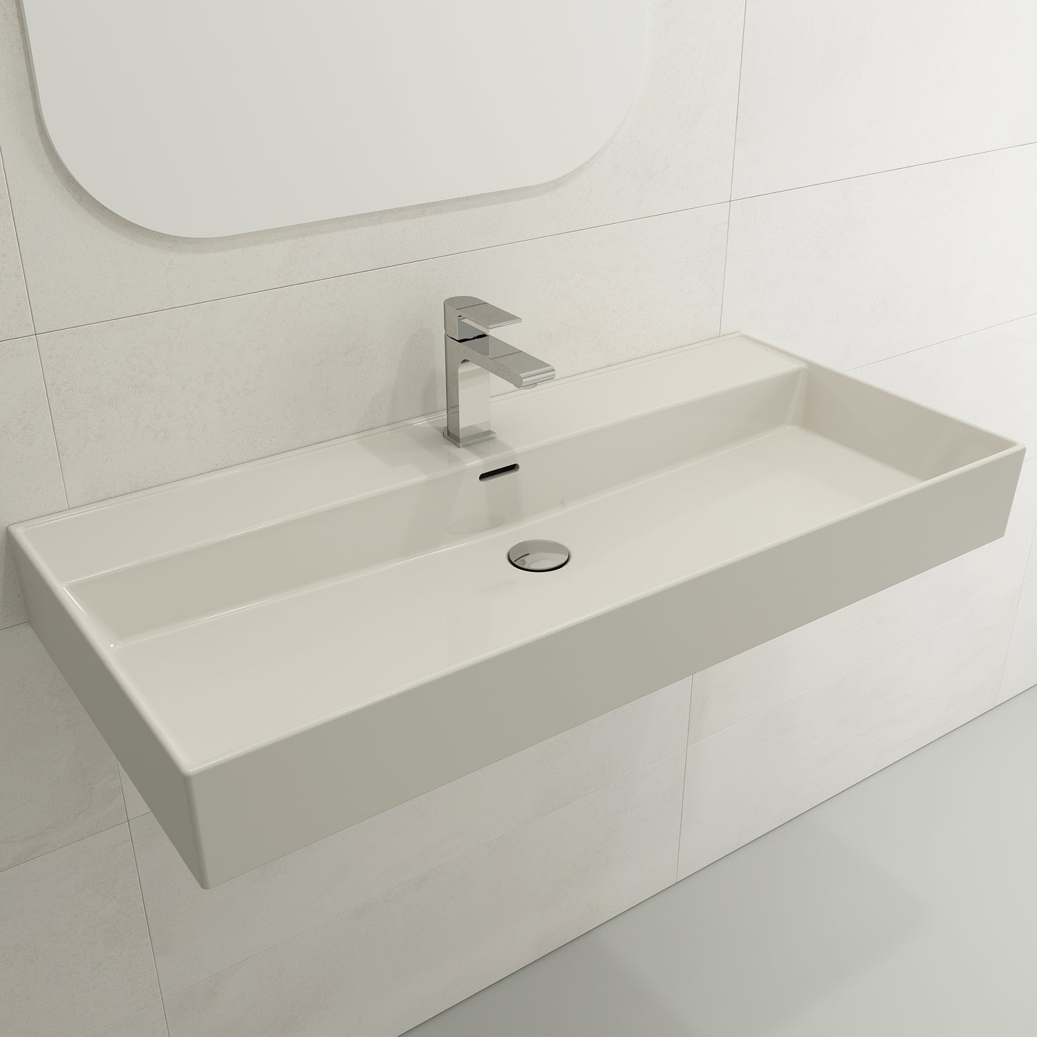 BOCCHI Milano 40" Rectangle Wallmount Fireclay Bathroom Sink, Biscuit, Single Faucet Hole, 1378-014-0126