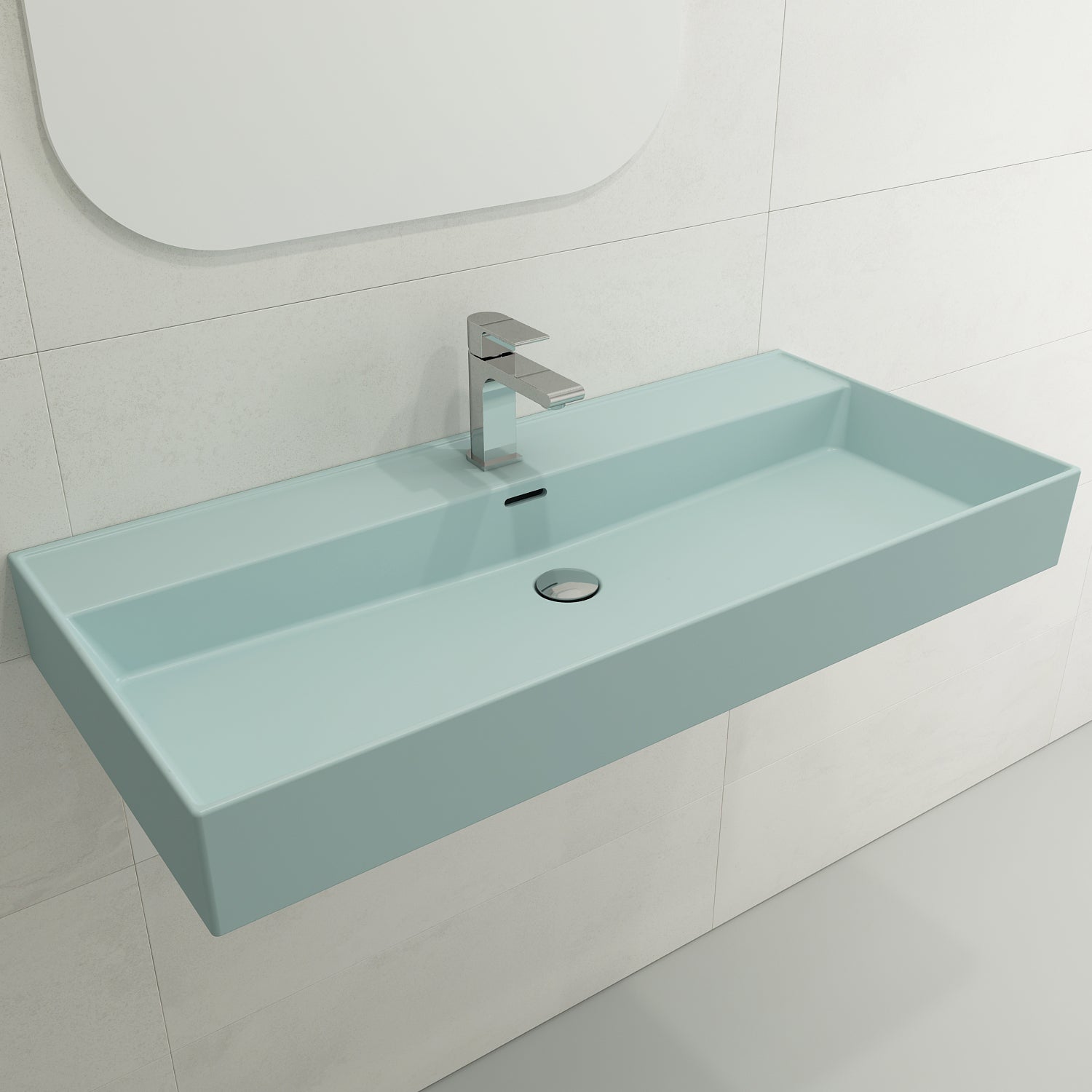 BOCCHI Milano 40" Rectangle Wallmount Fireclay Bathroom Sink, Matte Ice Blue, Single Faucet Hole, 1378-029-0126