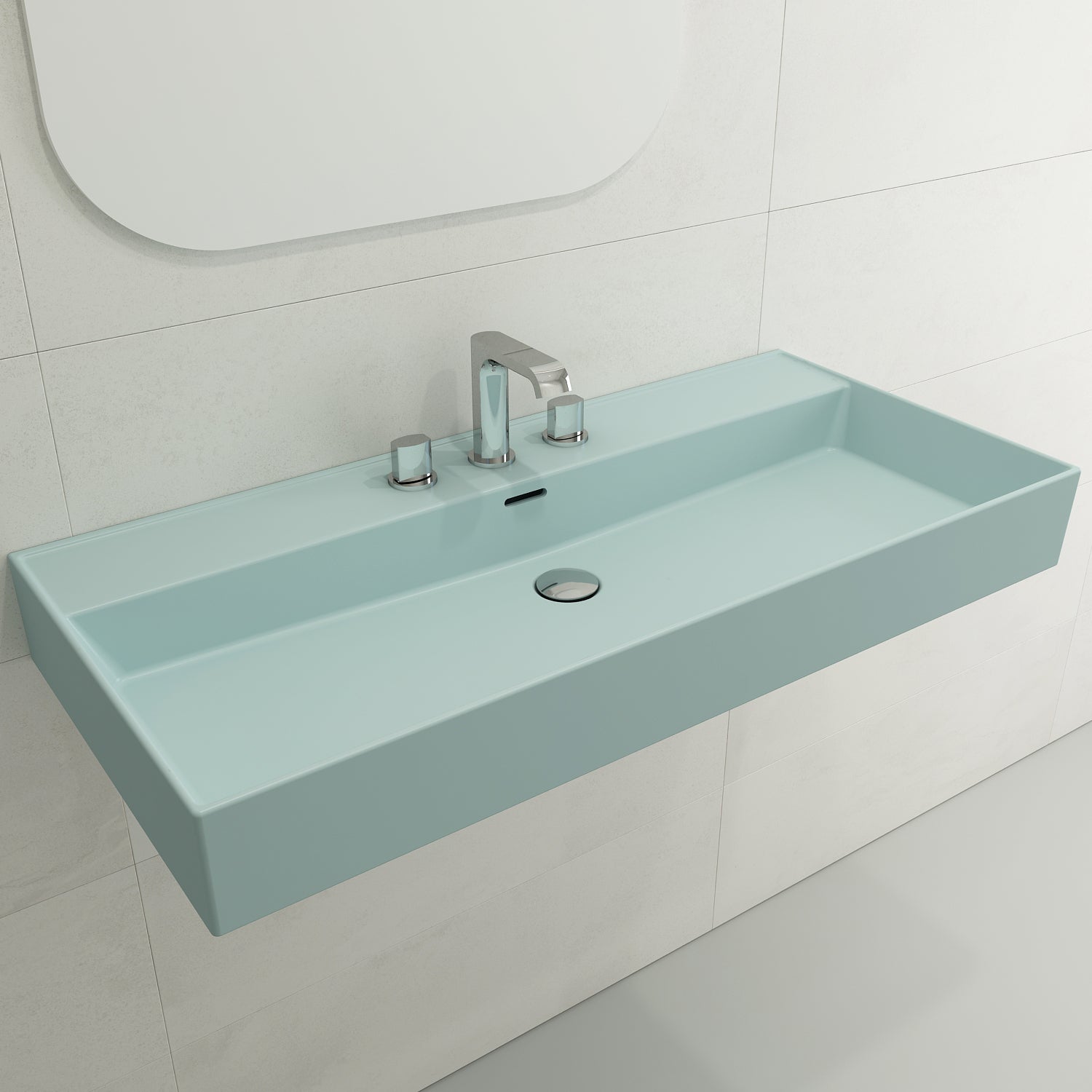 Alternate Image for BOCCHI Milano 40" Rectangle Wallmount Fireclay Bathroom Sink, Matte Ice Blue, 3 Faucet Hole, 1378-029-0127