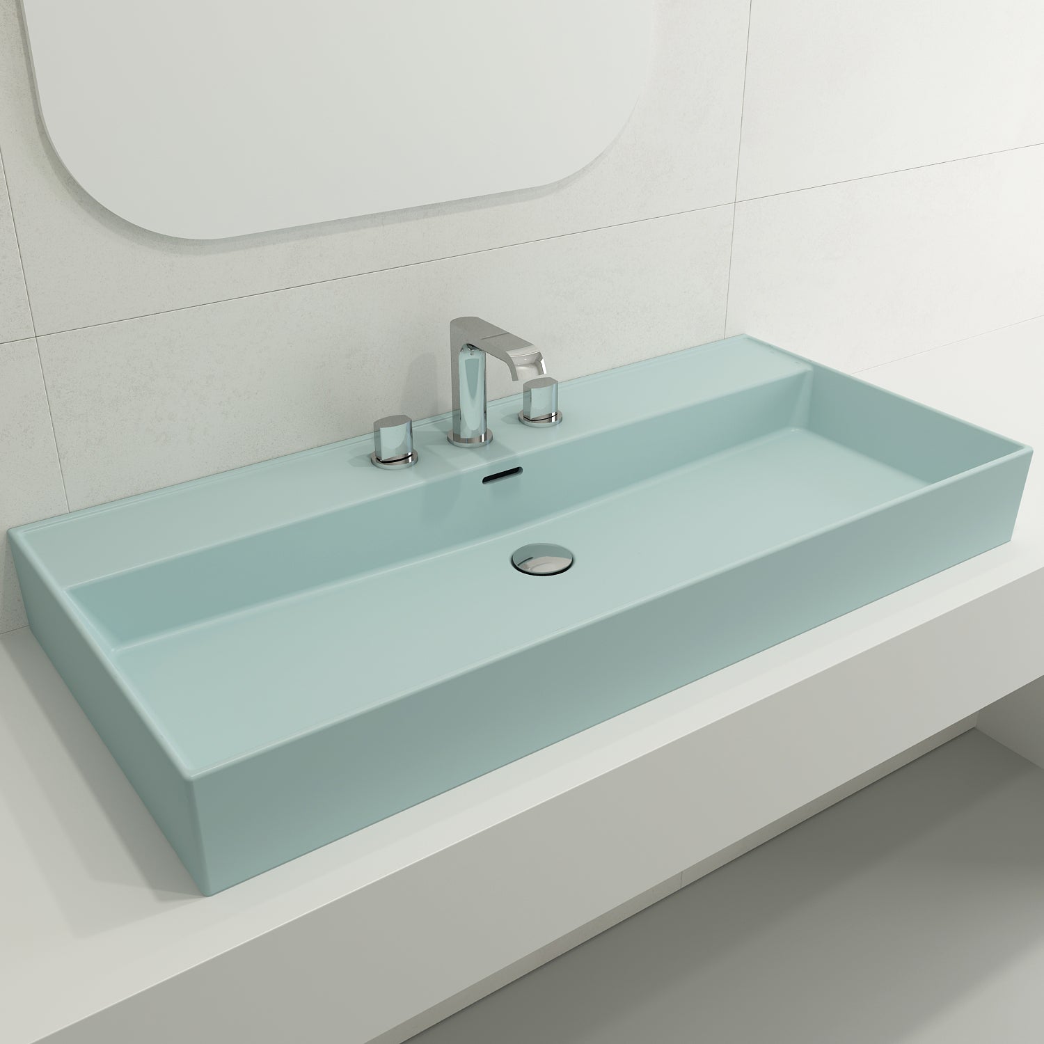 Alternate Image for BOCCHI Milano 40" Rectangle Wallmount Fireclay Bathroom Sink, Matte Ice Blue, 3 Faucet Hole, 1378-029-0127