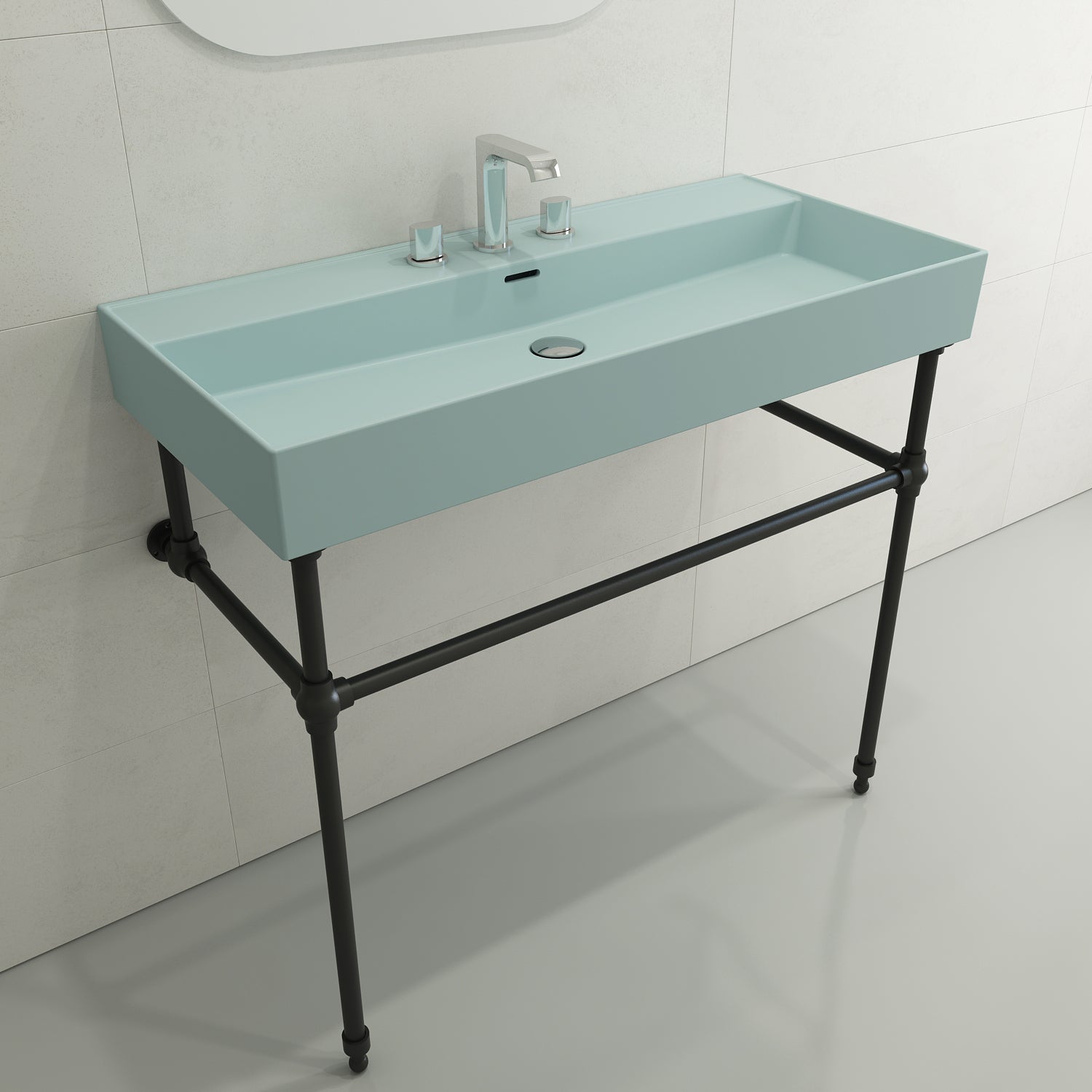 Alternate Image for BOCCHI Milano 40" Rectangle Wallmount Fireclay Bathroom Sink, Matte Ice Blue, 3 Faucet Hole, 1378-029-0127