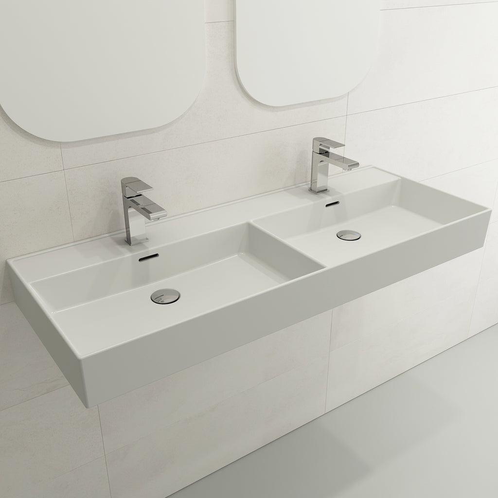 BOCCHI Milano 48" Rectangle Wallmount Fireclay Bathroom Sink, Double Basin, Matte White, Single Faucet Hole, 1393-002-0132