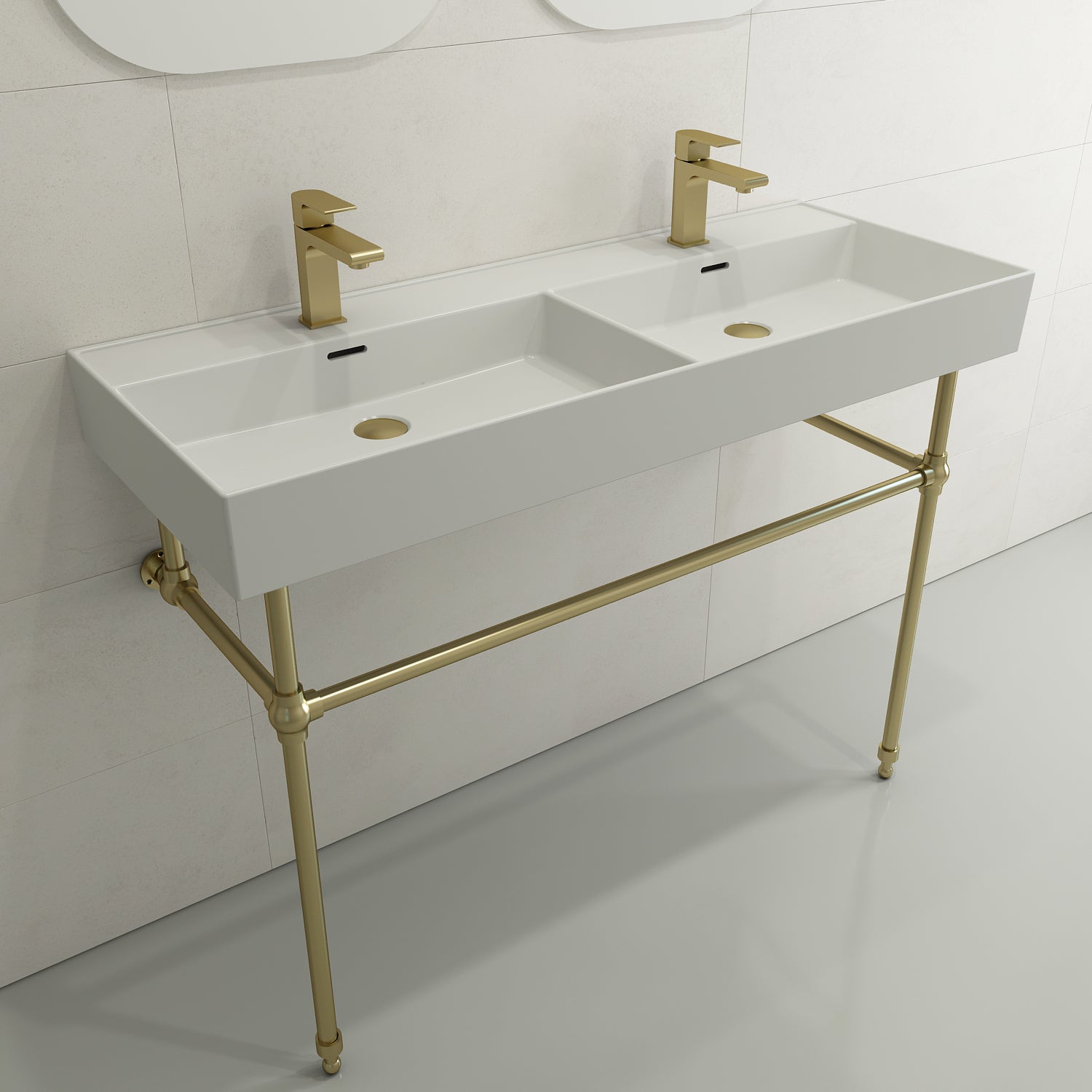 Alternate Image for BOCCHI Milano 48" Rectangle Wallmount Fireclay Bathroom Sink, Double Basin, Matte White, Single Faucet Hole, 1393-002-0132