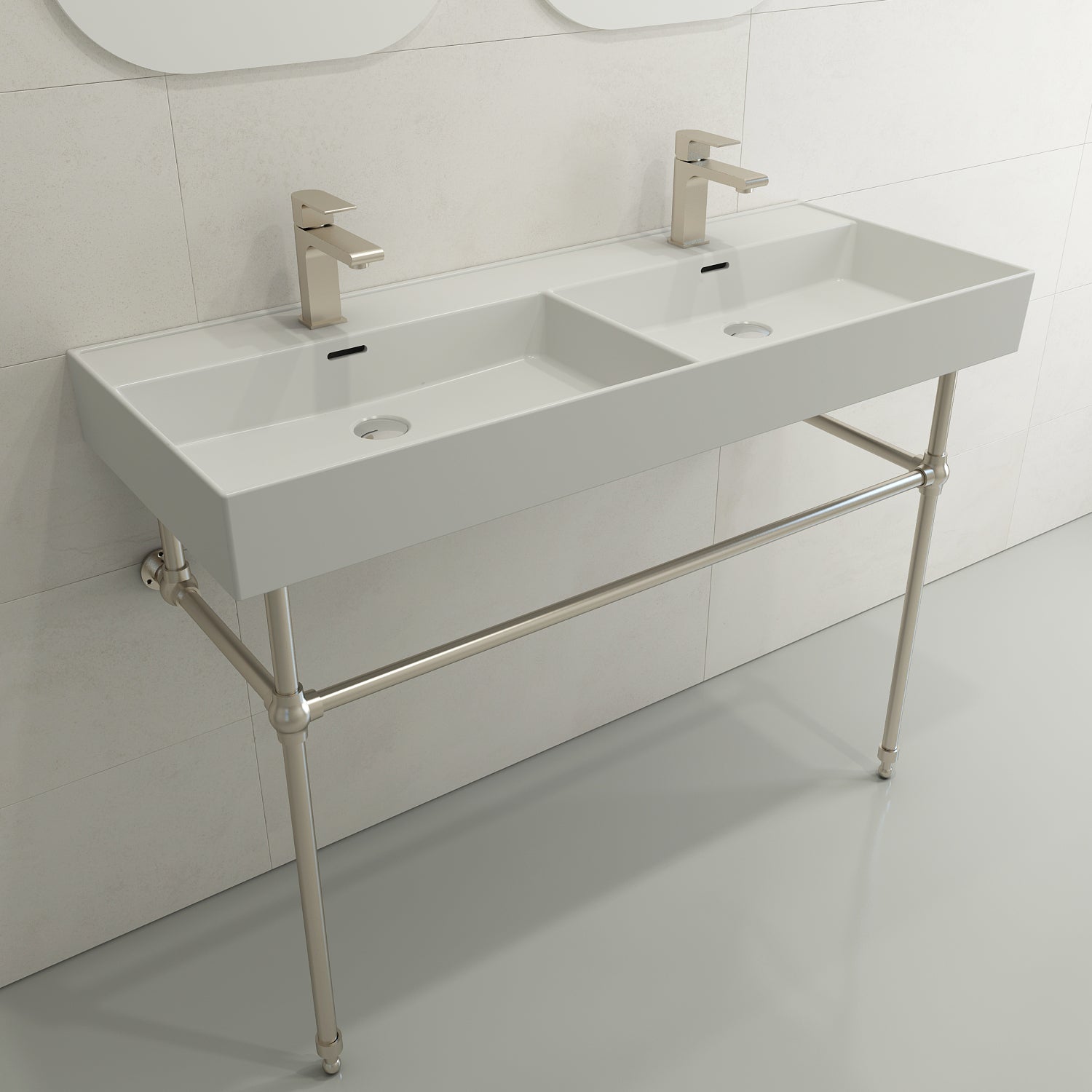 Alternate Image for BOCCHI Milano 48" Rectangle Wallmount Fireclay Bathroom Sink, Double Basin, Matte White, Single Faucet Hole, 1393-002-0132