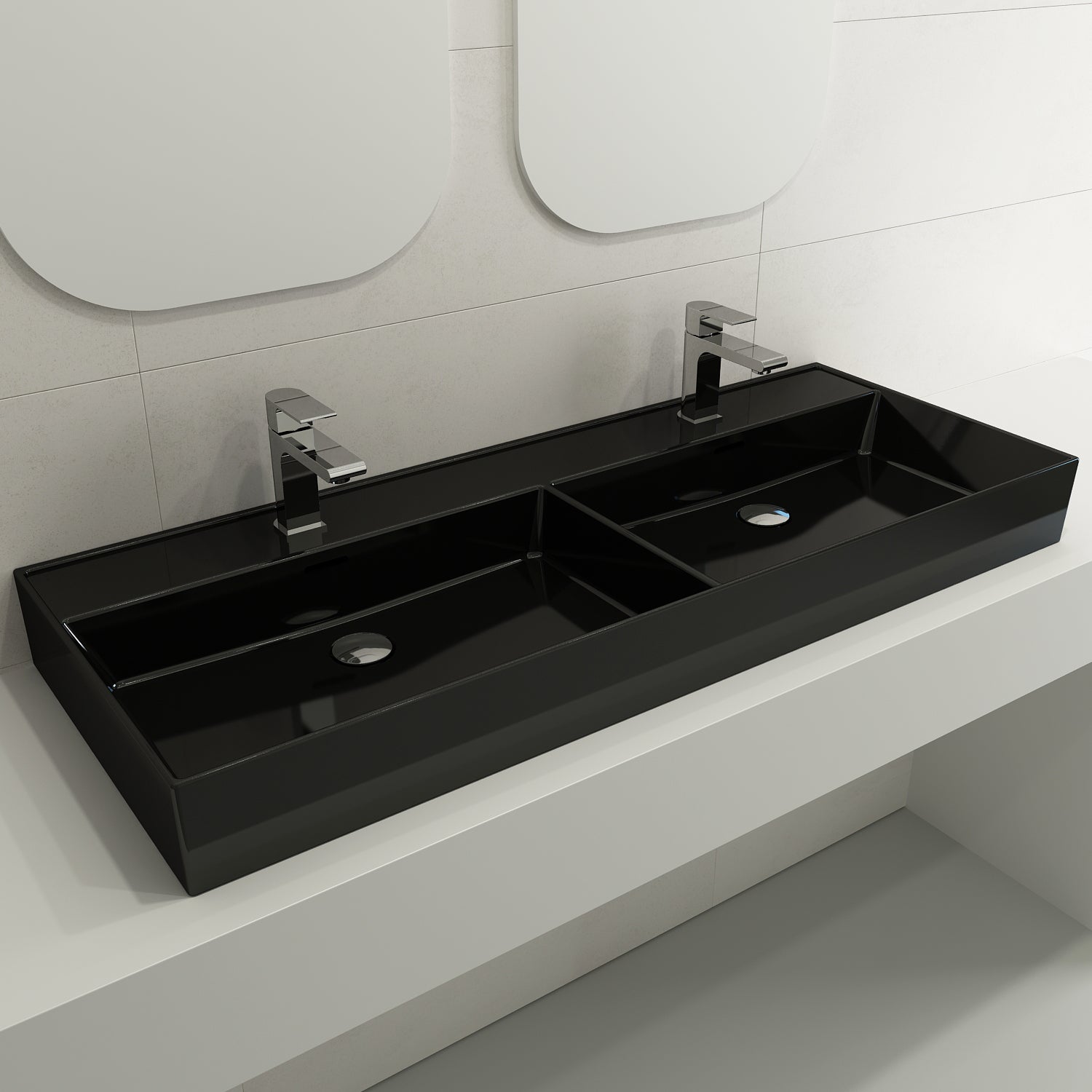 Alternate Image for BOCCHI Milano 48" Rectangle Wallmount Fireclay Bathroom Sink, Double Basin, Black, Single Faucet Hole, 1393-005-0132
