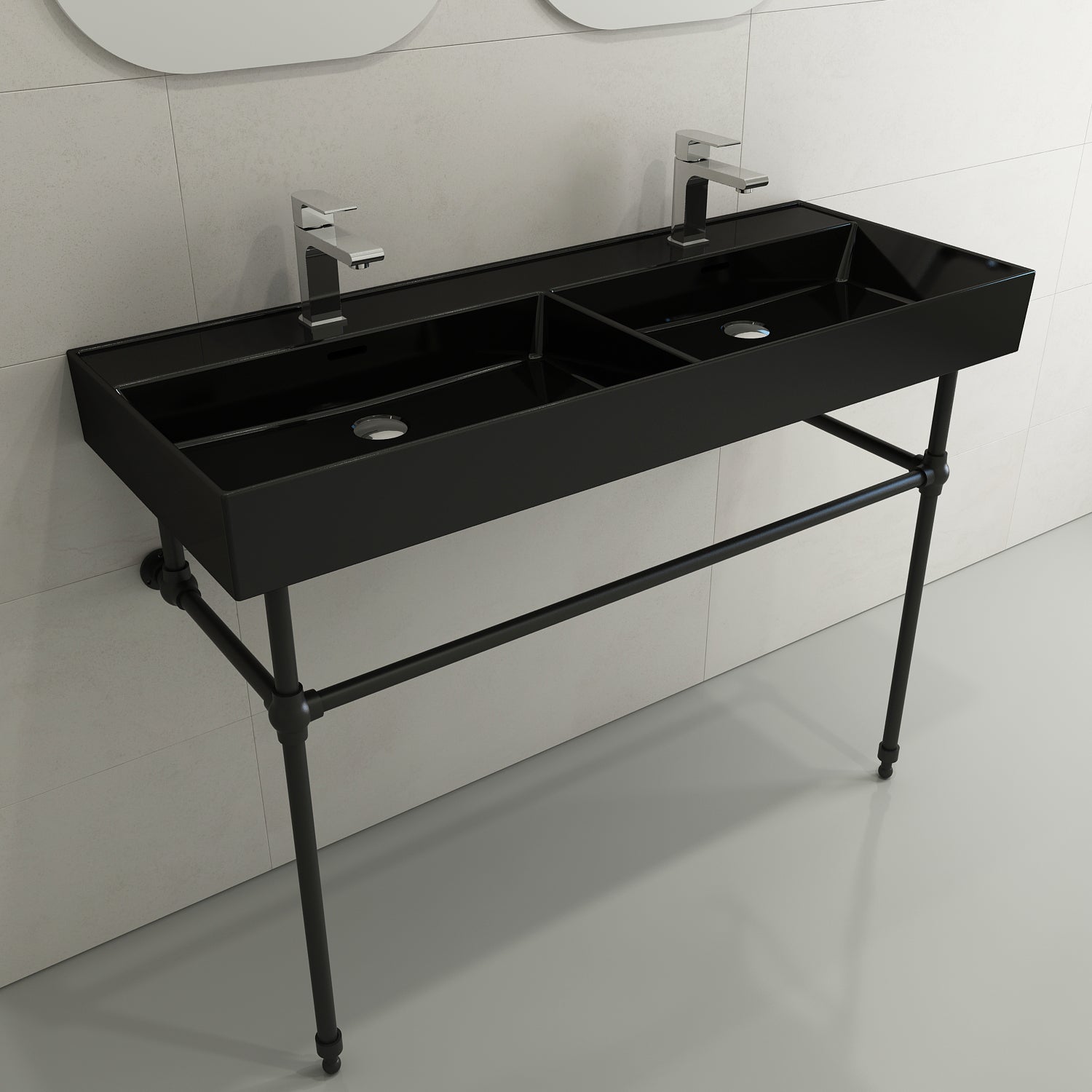 Alternate Image for BOCCHI Milano 48" Rectangle Wallmount Fireclay Bathroom Sink, Double Basin, Black, Single Faucet Hole, 1393-005-0132