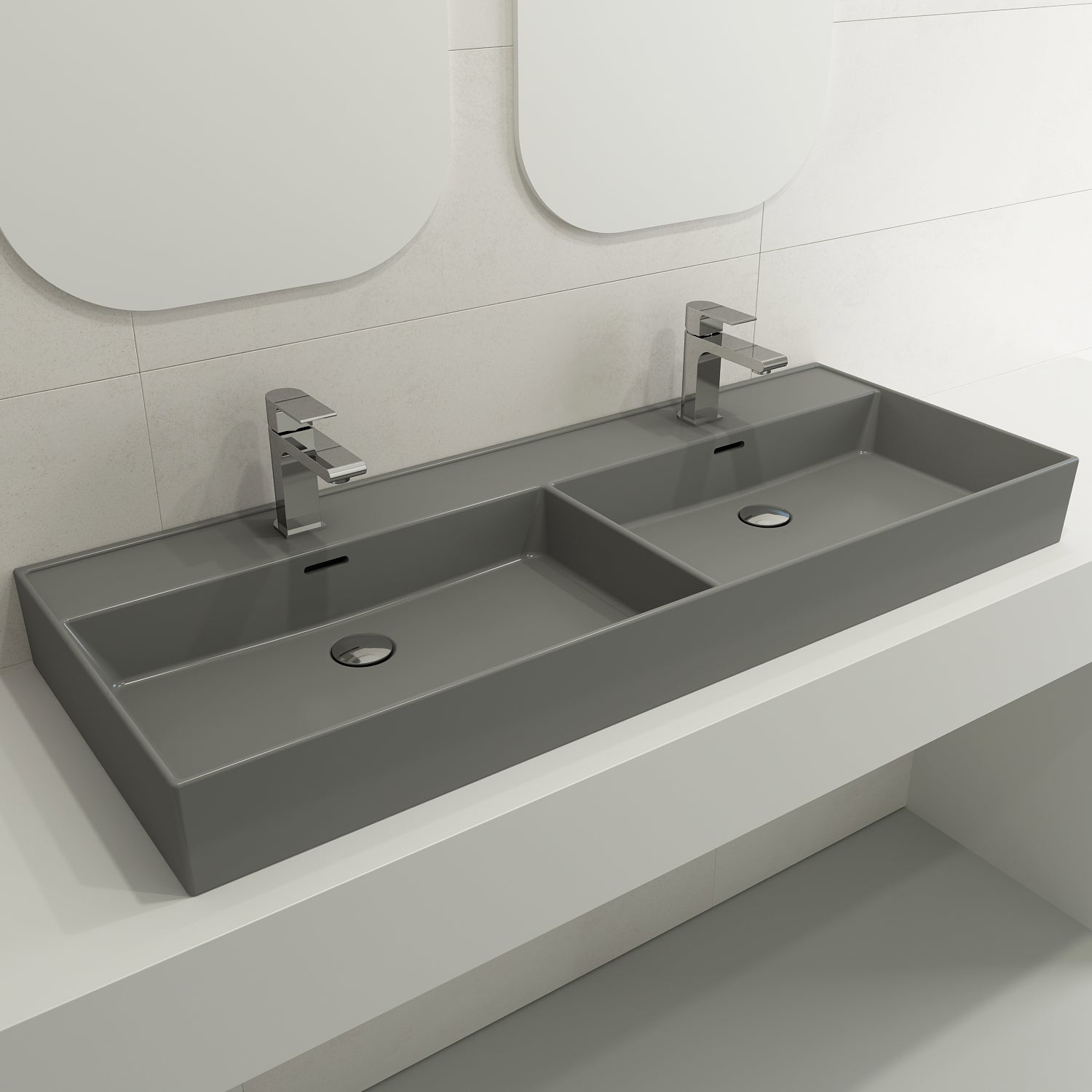 Alternate Image for BOCCHI Milano 48" Rectangle Wallmount Fireclay Bathroom Sink, Double Basin, Matte Gray, Single Faucet Hole, 1393-006-0132