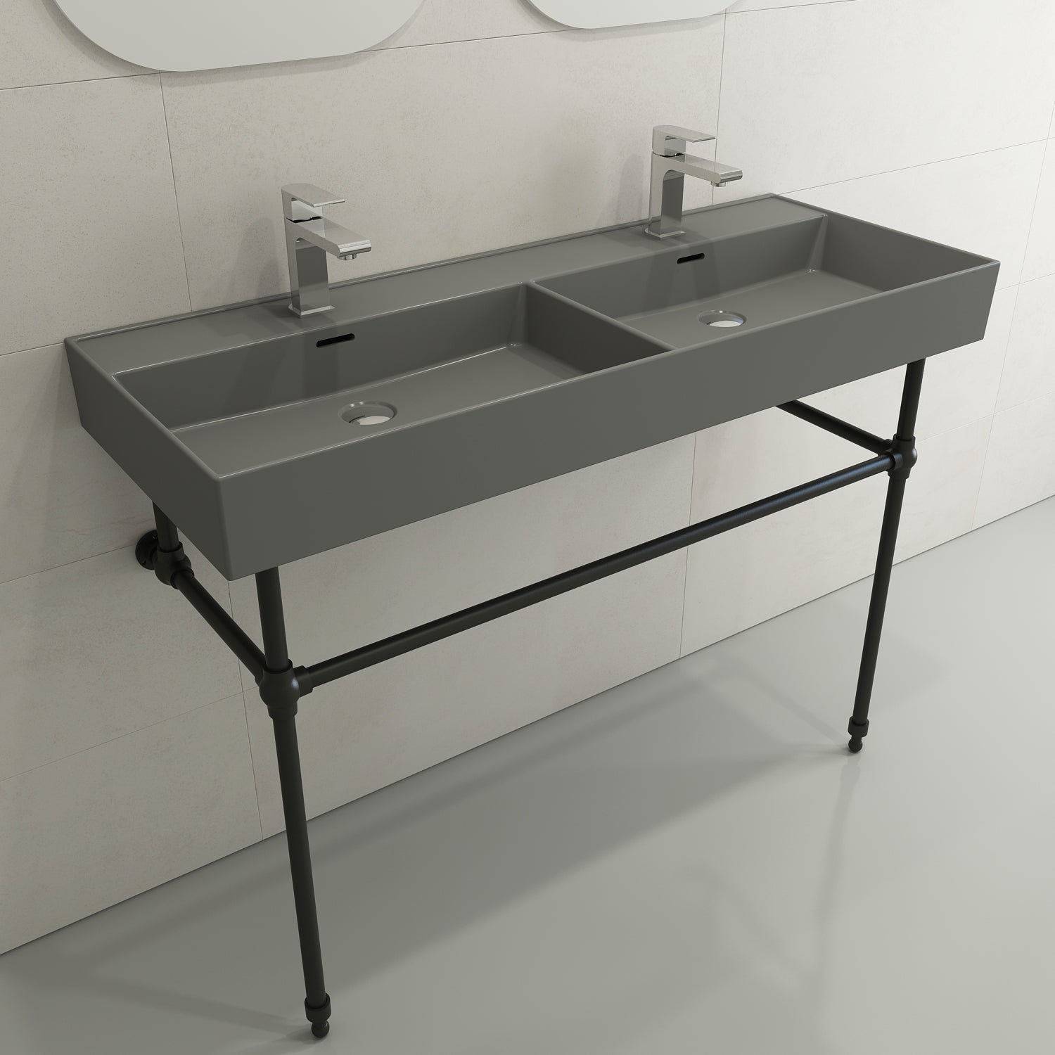 Alternate Image for BOCCHI Milano 48" Rectangle Wallmount Fireclay Bathroom Sink, Double Basin, Matte Gray, Single Faucet Hole, 1393-006-0132