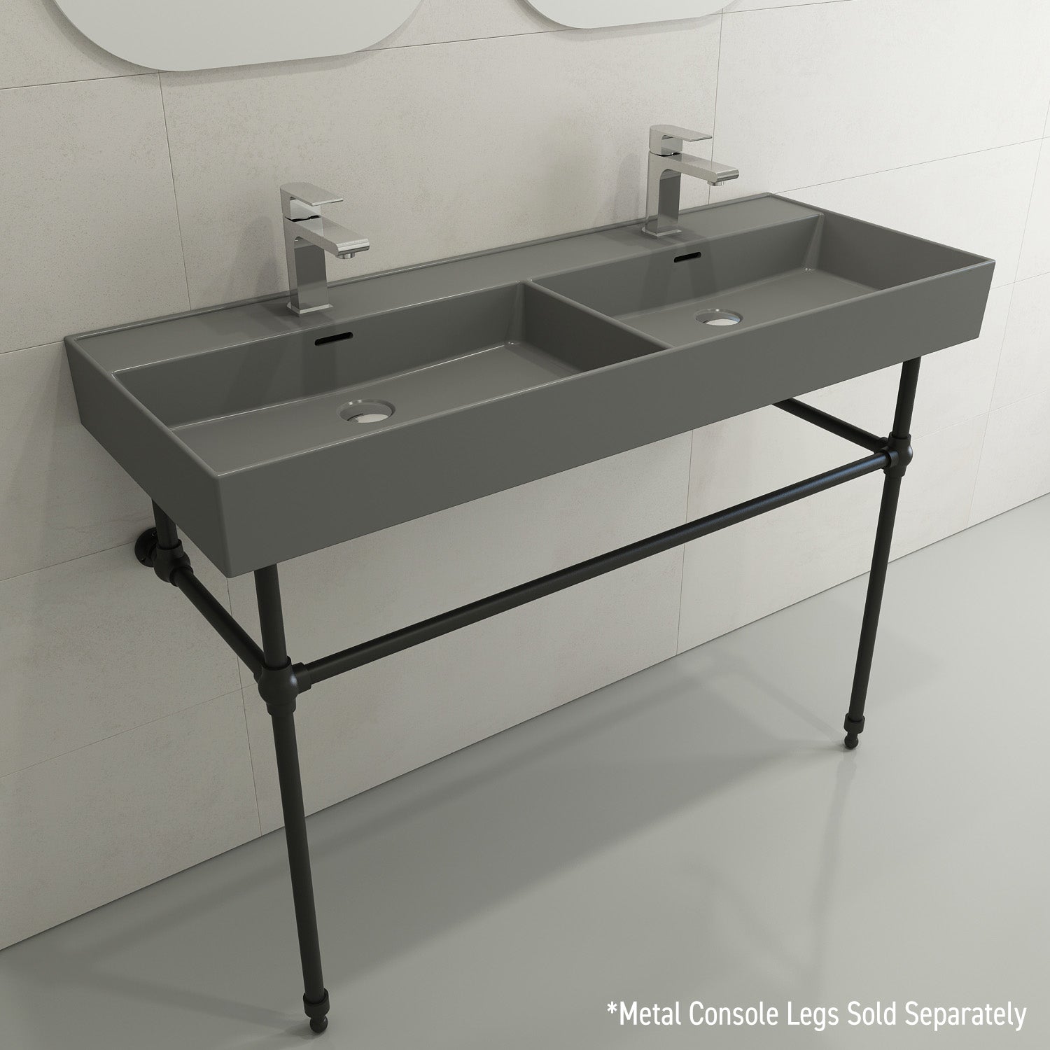 Alternate Image for BOCCHI Milano 48" Rectangle Wallmount Fireclay Bathroom Sink, Double Basin, Matte Gray, Single Faucet Hole, 1393-006-0132