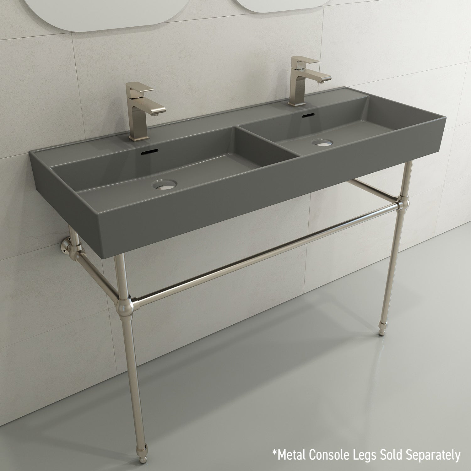 Alternate Image for BOCCHI Milano 48" Rectangle Wallmount Fireclay Bathroom Sink, Double Basin, Matte Gray, Single Faucet Hole, 1393-006-0132
