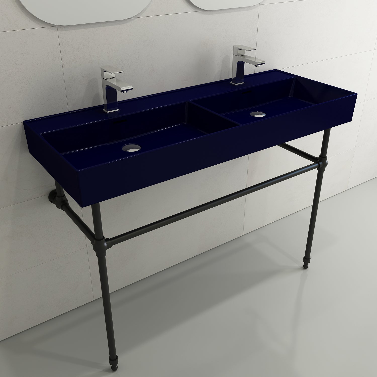 Alternate Image for BOCCHI Milano 48" Rectangle Wallmount Fireclay Bathroom Sink, Double Basin, Sapphire Blue, Single Faucet Hole, 1393-010-0132