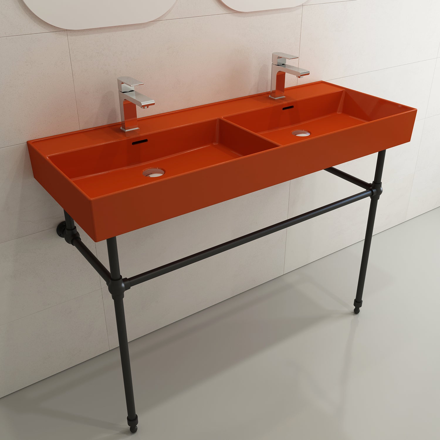 Alternate Image for BOCCHI Milano 48" Rectangle Wallmount Fireclay Bathroom Sink, Double Basin, Orange, Single Faucet Hole, 1393-012-0132