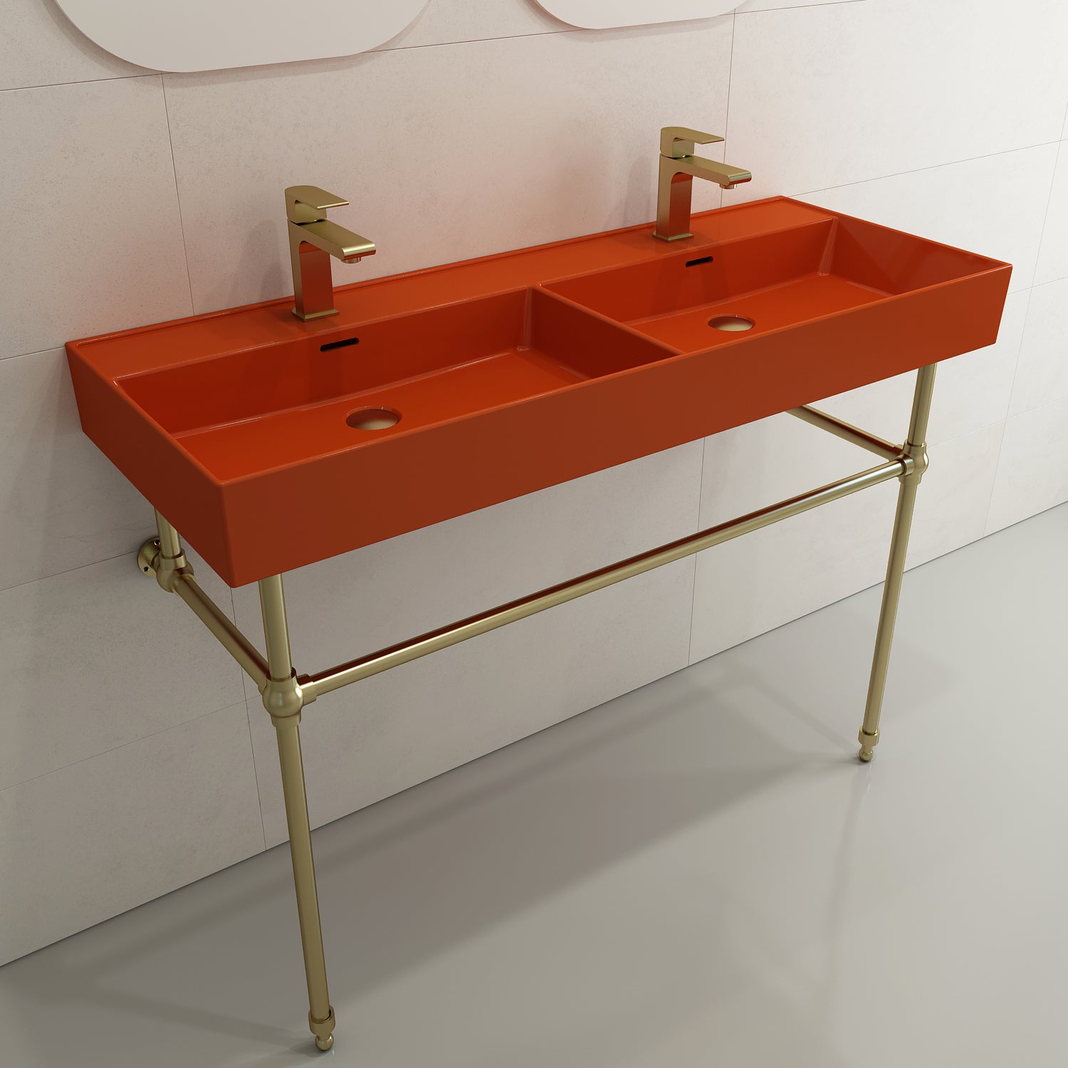 Alternate Image for BOCCHI Milano 48" Rectangle Wallmount Fireclay Bathroom Sink, Double Basin, Orange, Single Faucet Hole, 1393-012-0132