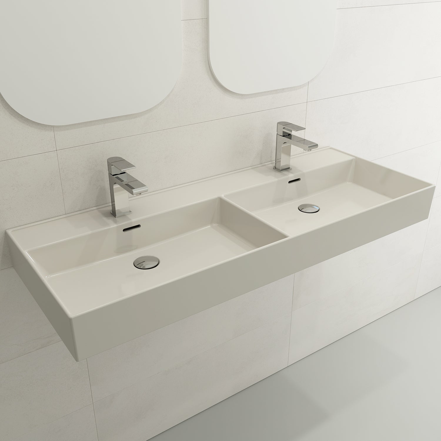 BOCCHI Milano 48" Rectangle Wallmount Fireclay Bathroom Sink, Double Basin, Biscuit, Single Faucet Hole, 1393-014-0132