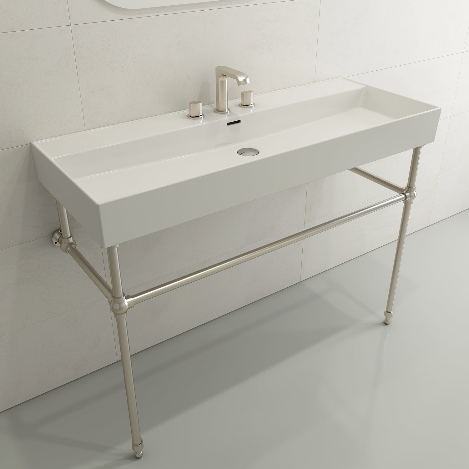 Alternate Image for BOCCHI Milano 48" Rectangle Wallmount Fireclay Bathroom Sink, White, 3 Faucet Hole, 1394-001-0127