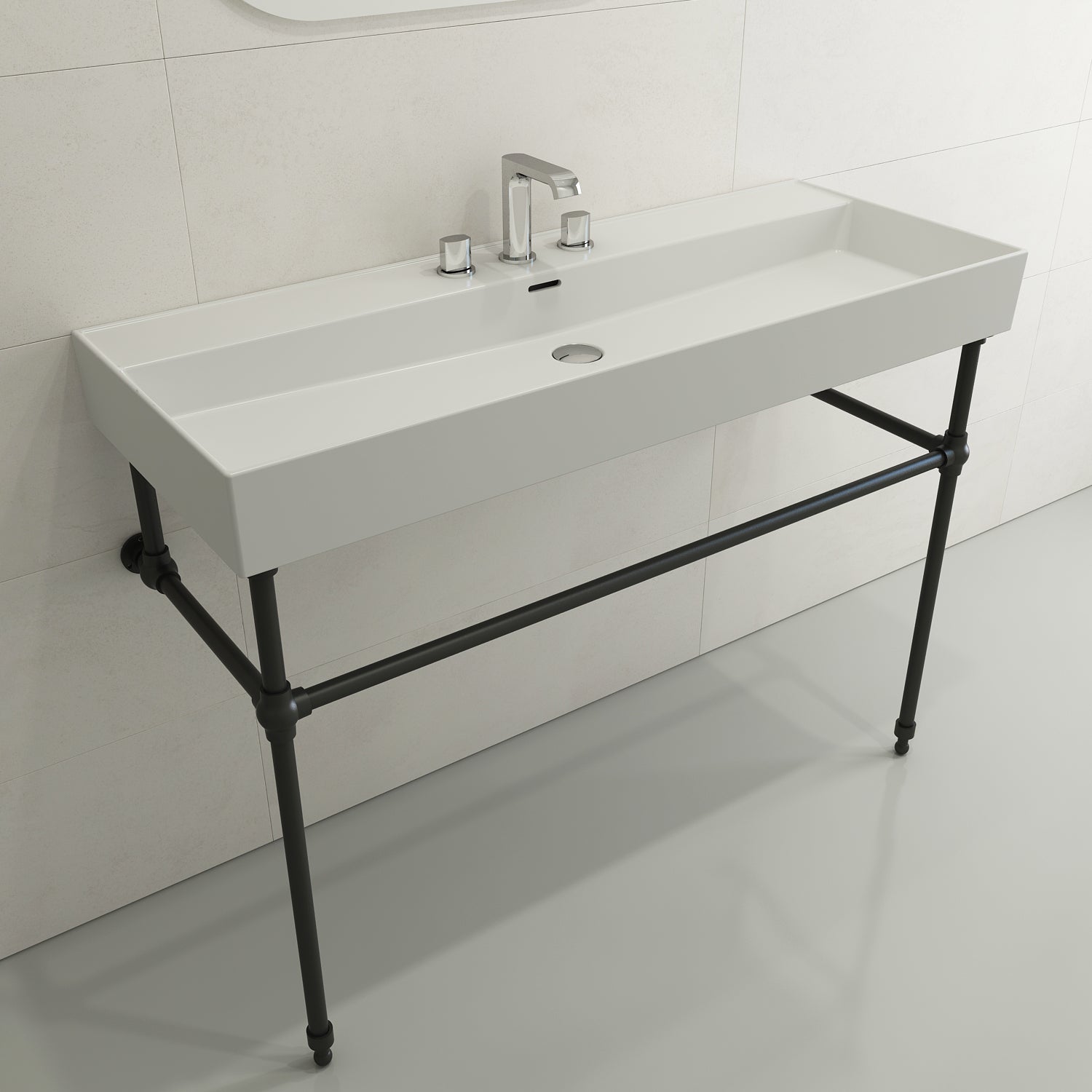 Alternate Image for BOCCHI Milano 48" Rectangle Wallmount Fireclay Bathroom Sink, Matte White, 3 Faucet Hole, 1394-002-0127