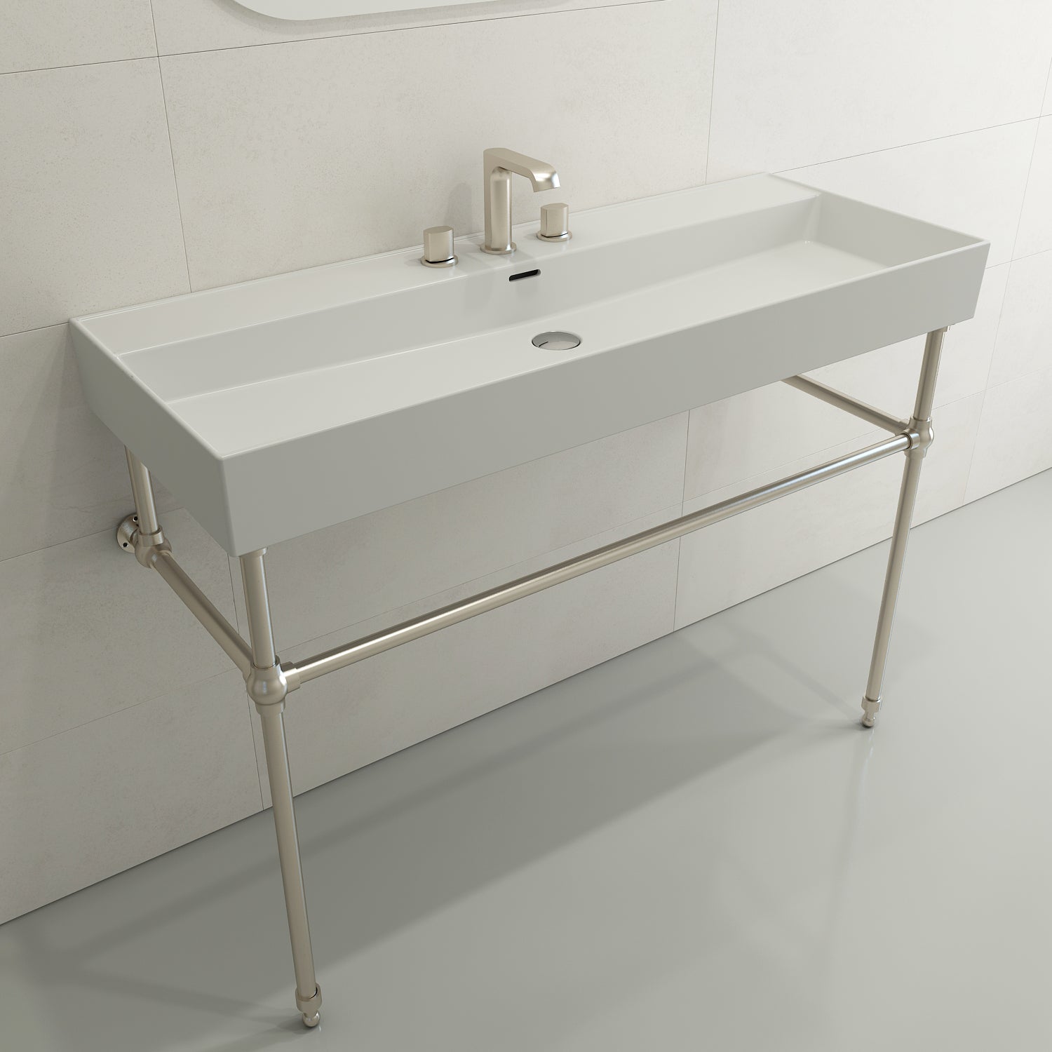 Alternate Image for BOCCHI Milano 48" Rectangle Wallmount Fireclay Bathroom Sink, Matte White, 3 Faucet Hole, 1394-002-0127