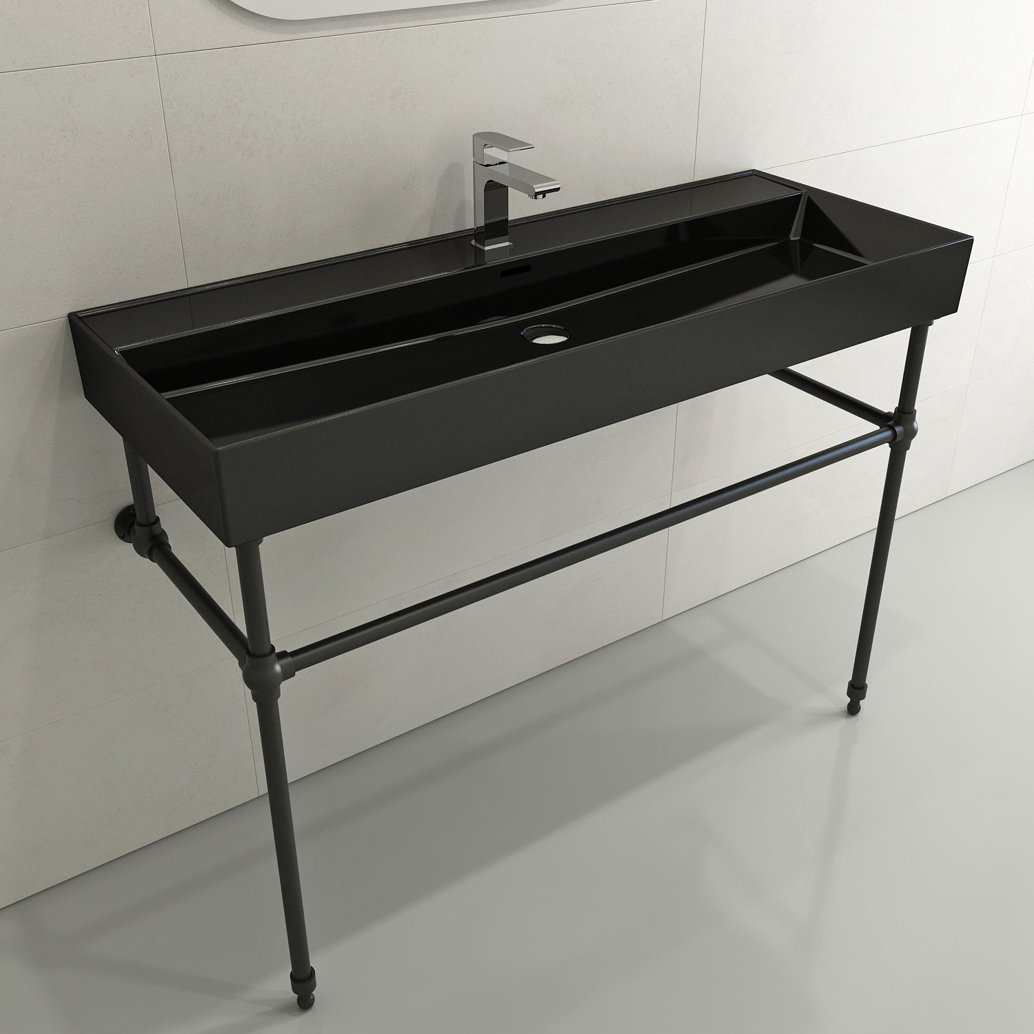 Alternate Image for BOCCHI Milano 48" Rectangle Wallmount Fireclay Bathroom Sink, Black, Single Faucet Hole, 1394-005-0126