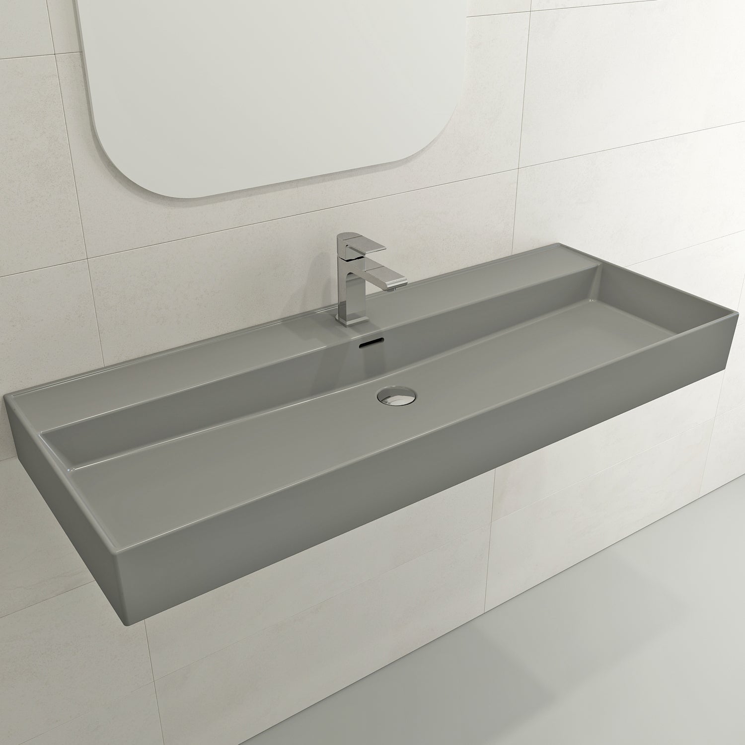 Alternate Image for BOCCHI Milano 48" Rectangle Wallmount Fireclay Bathroom Sink, Matte Gray, Single Faucet Hole, 1394-006-0126