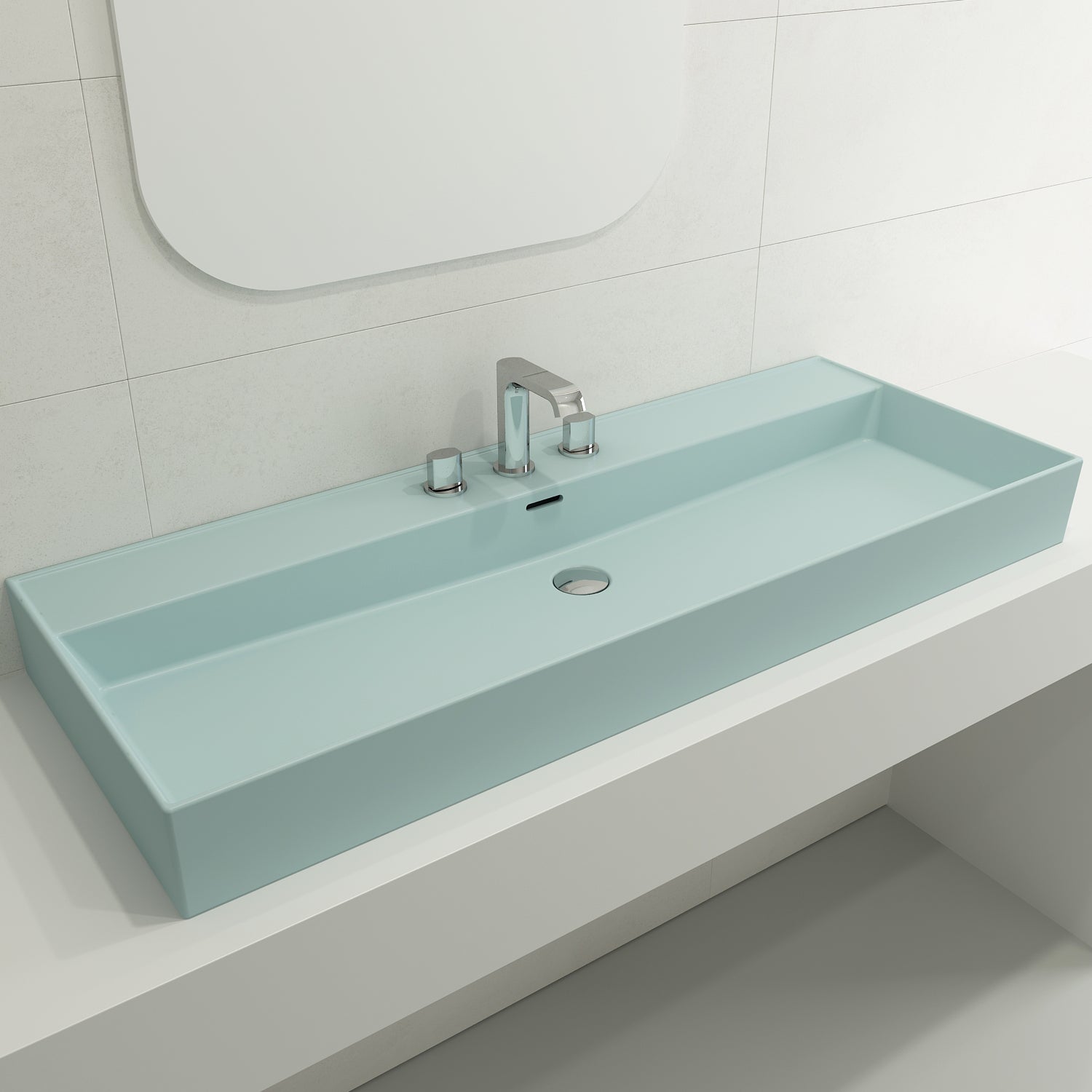Alternate Image for BOCCHI Milano 48" Rectangle Wallmount Fireclay Bathroom Sink, Matte Ice Blue, 3 Faucet Hole, 1394-029-0127